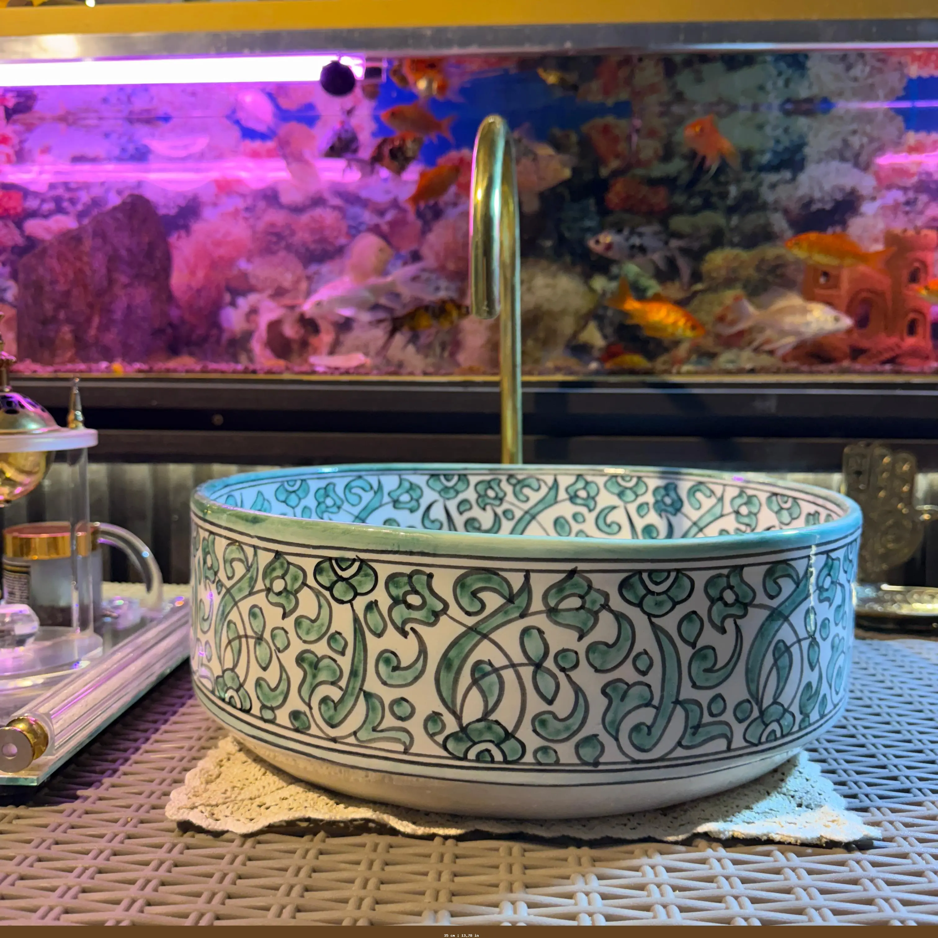 Hand-Painted Round Ceramic Vessel Sink – Colorful Modern Bathroom Basin - 35 cm : 13.78 in