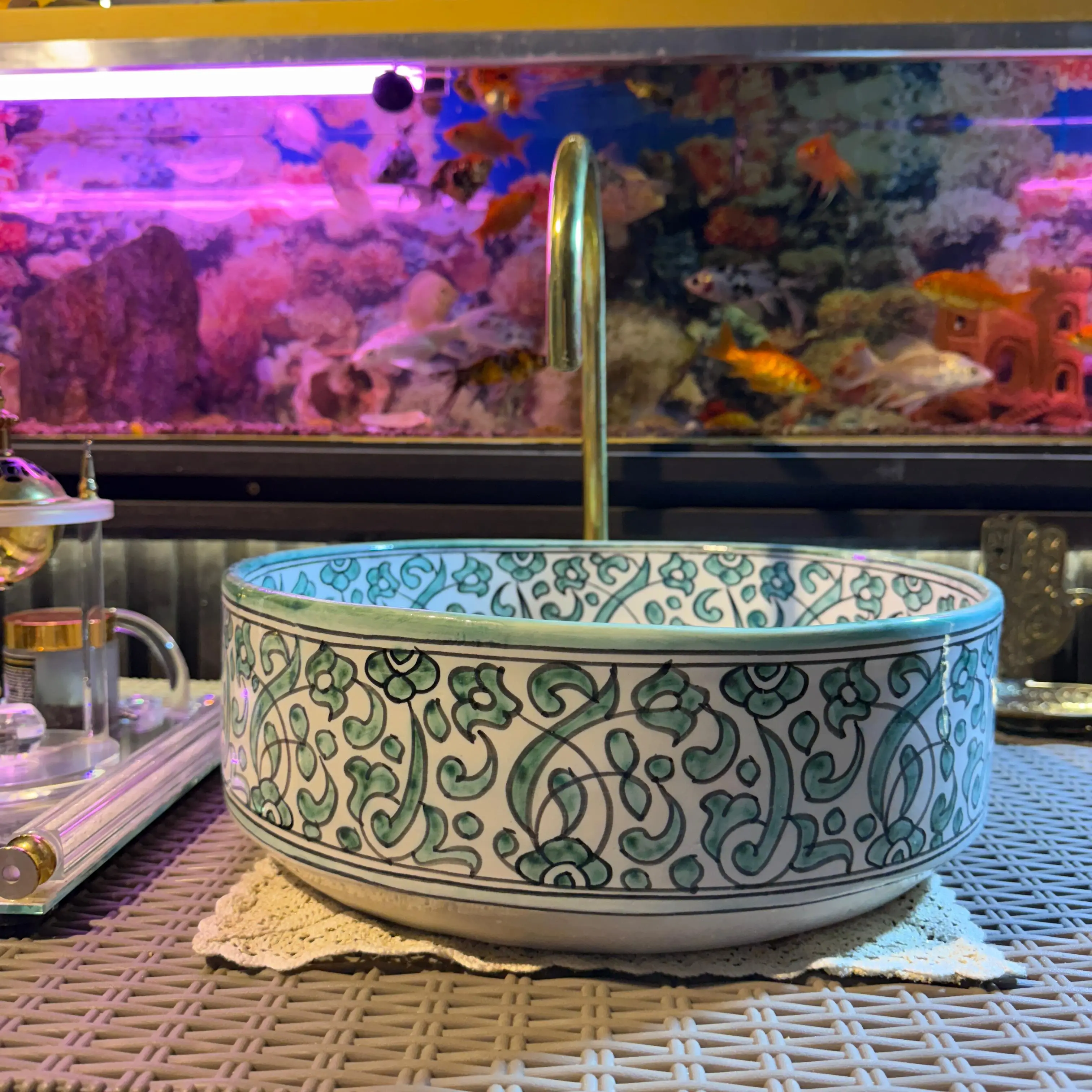 Hand-Painted Round Ceramic Vessel Sink – Colorful Modern Bathroom Basin - 35 cm : 13.78 in