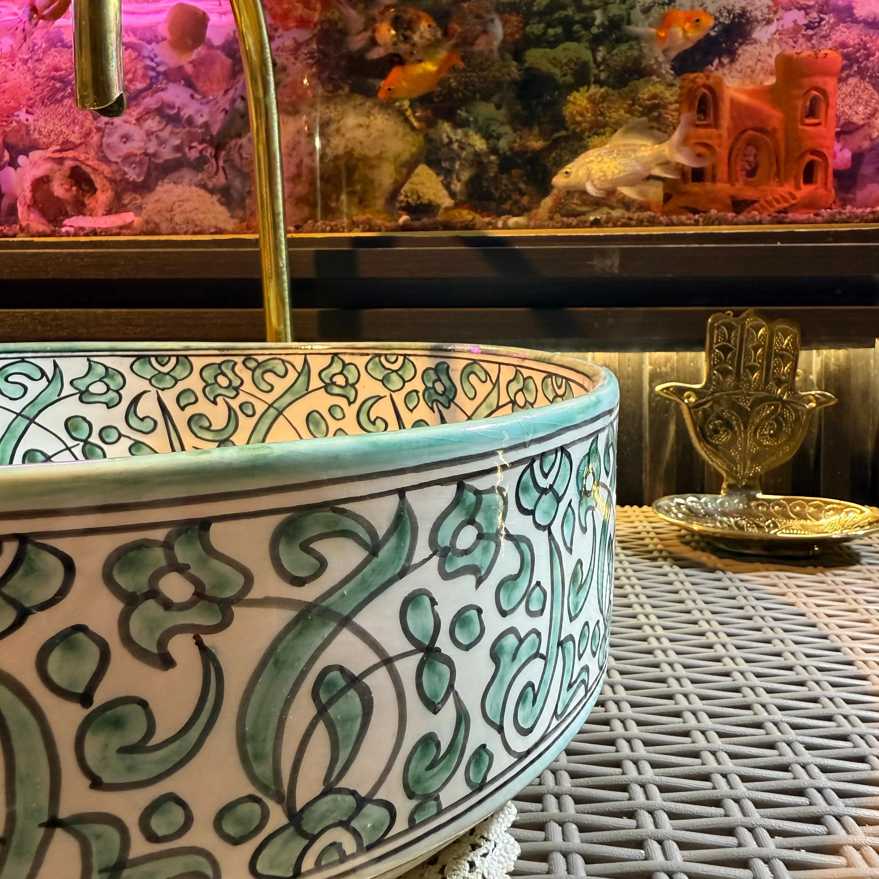 Hand-Painted Round Ceramic Vessel Sink – Colorful Modern Bathroom Basin - 35 cm : 13.78 in