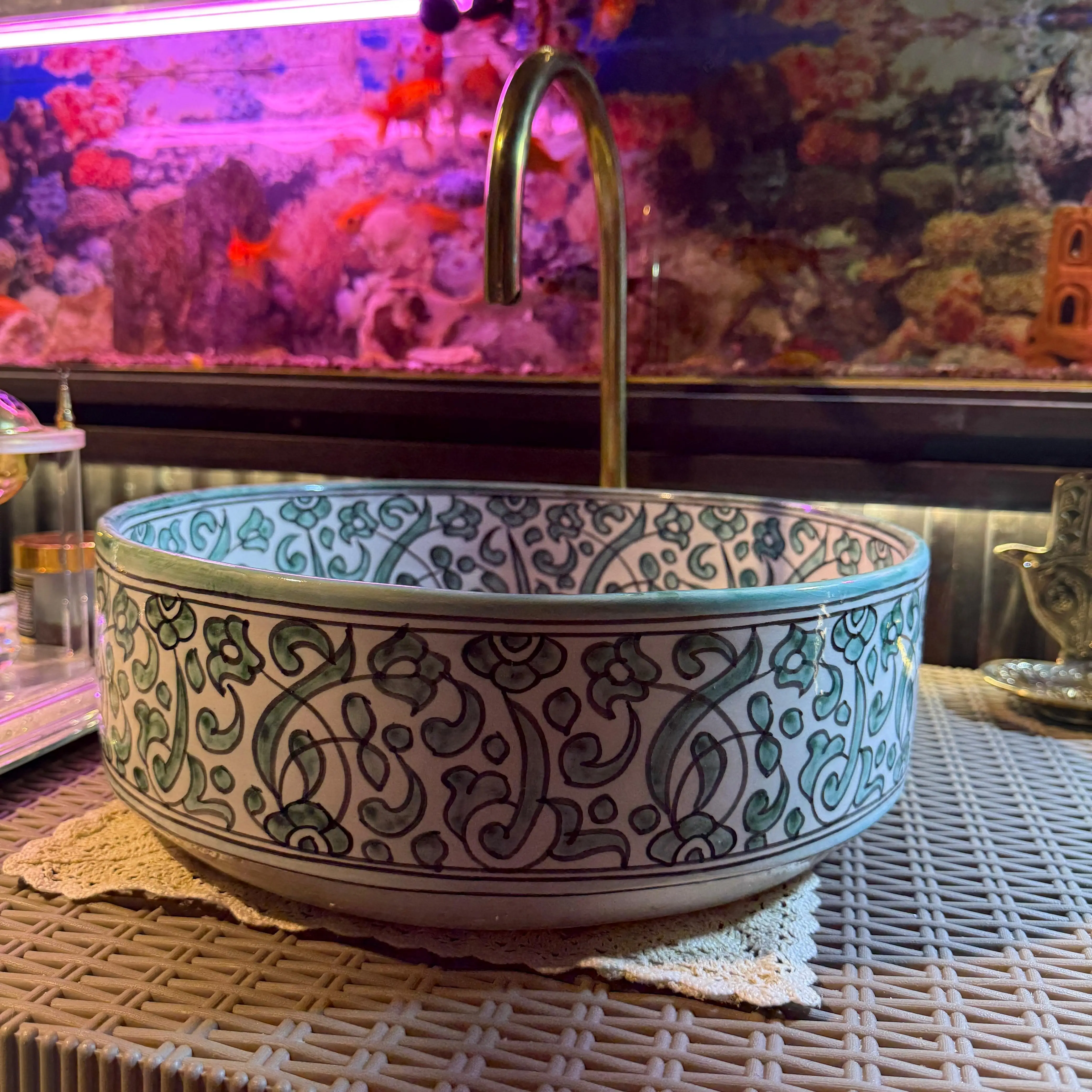 Hand-Painted Round Ceramic Vessel Sink – Colorful Modern Bathroom Basin - 35 cm : 13.78 in