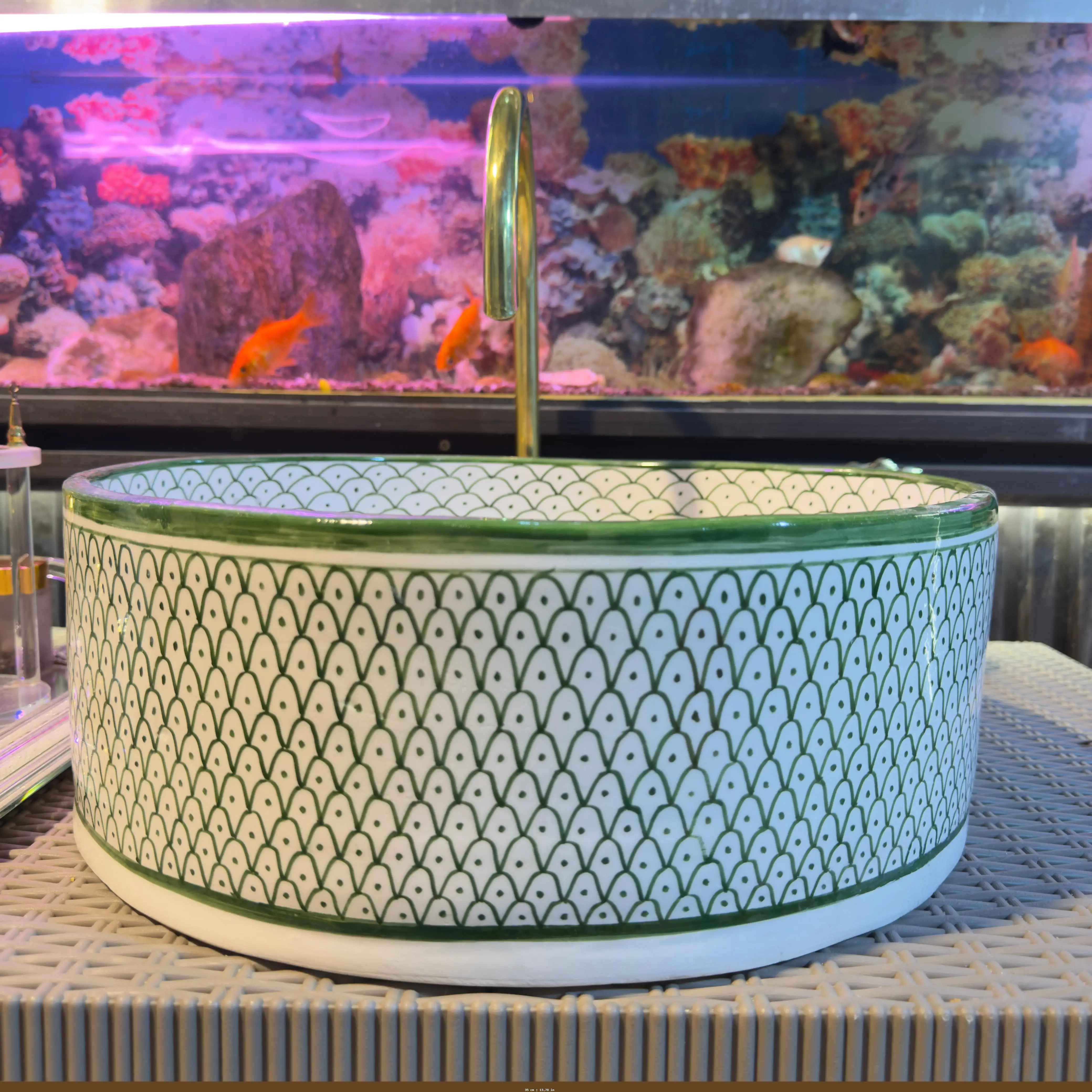 Green Emerald Ceramic Sink Bowl – Handcrafted Bohemian Vessel for Bathroom Vanity - 35 cm : 13.78 in