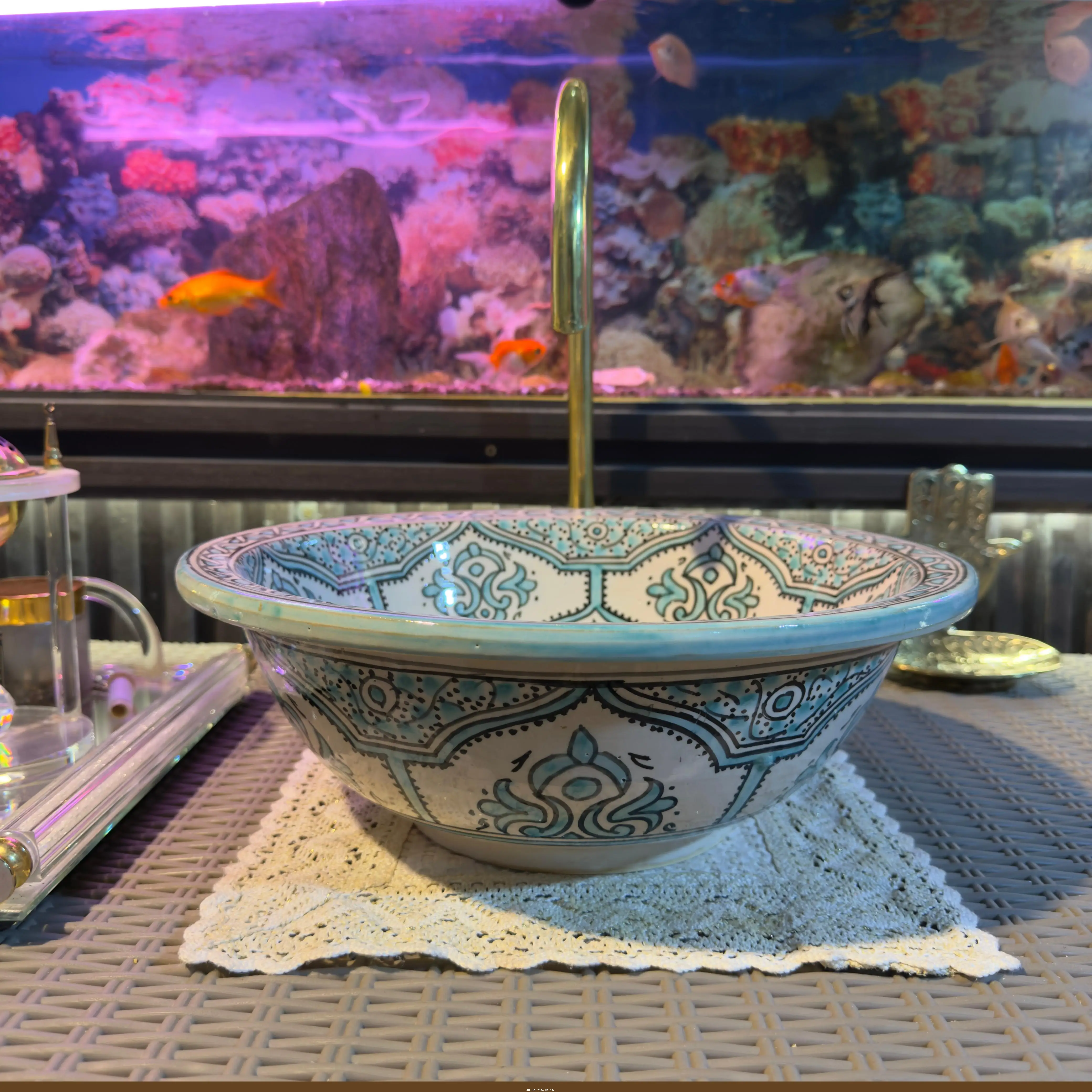 Floral Ceramic Drop-in Sink – Round Vessel with Brass Drain - 40 CM :15.75 in