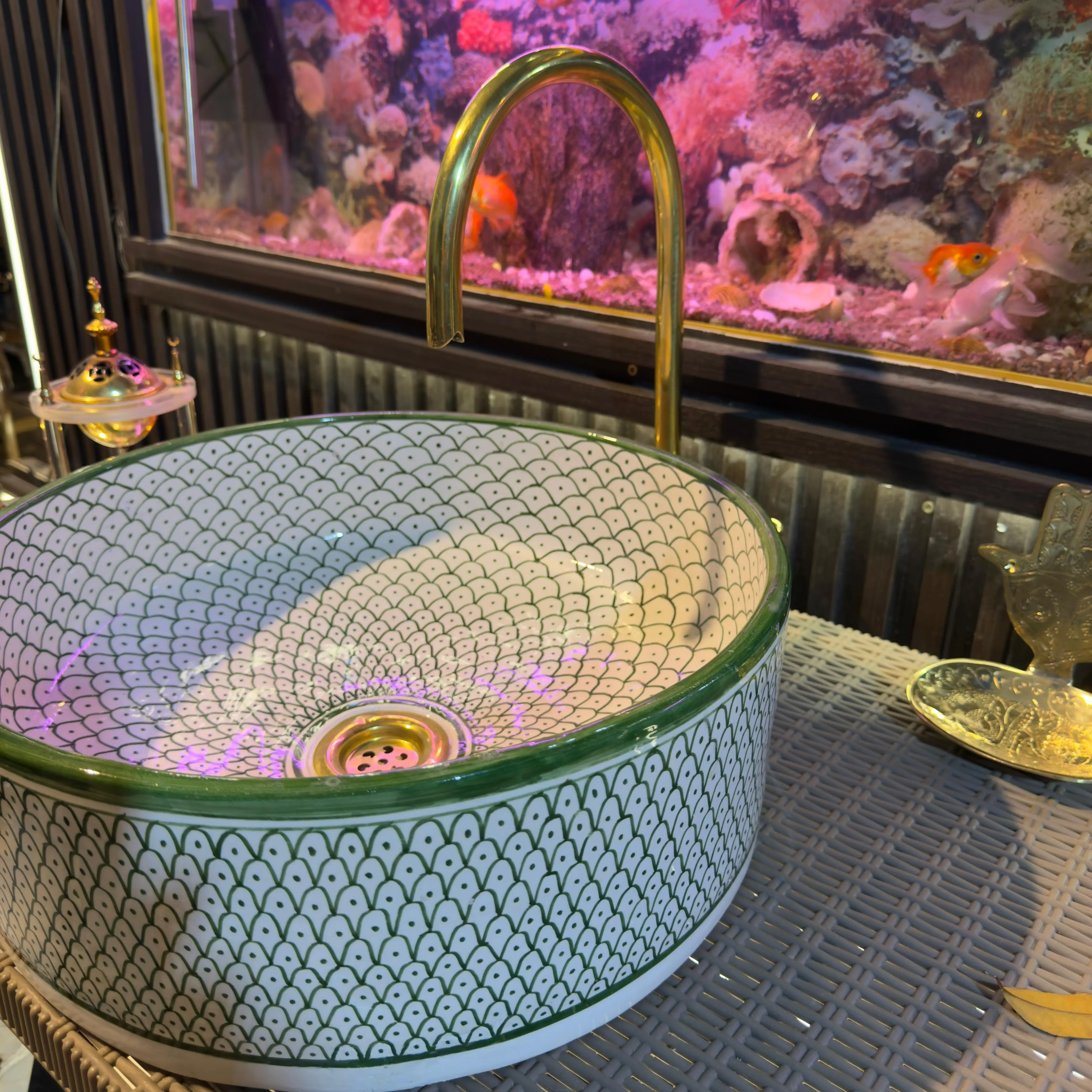 Green Emerald Ceramic Sink Bowl – Handcrafted Bohemian Vessel for Bathroom Vanity - 35 cm : 13.78 in