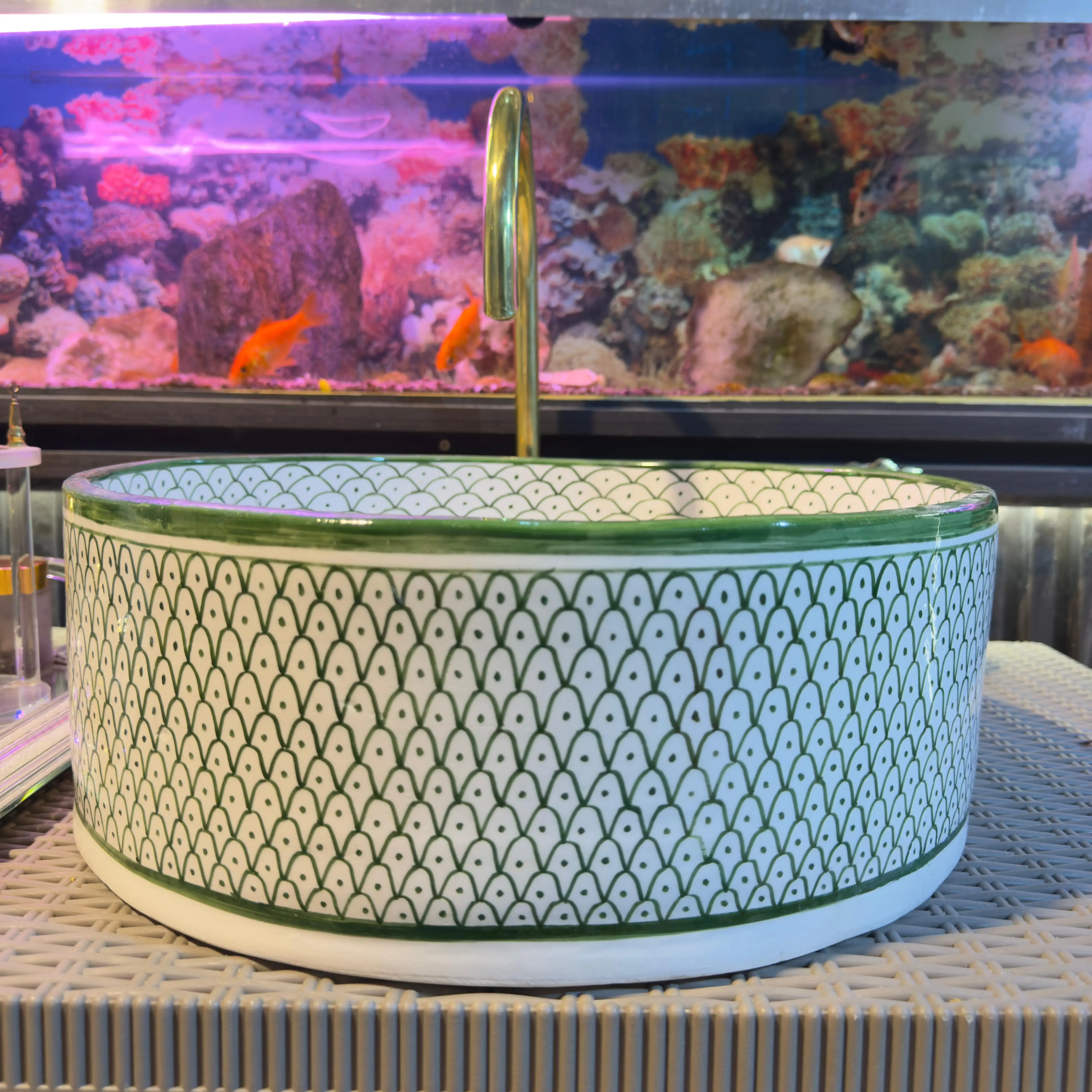 Green Emerald Ceramic Sink Bowl – Handcrafted Bohemian Vessel for Bathroom Vanity - 35 cm : 13.78 in