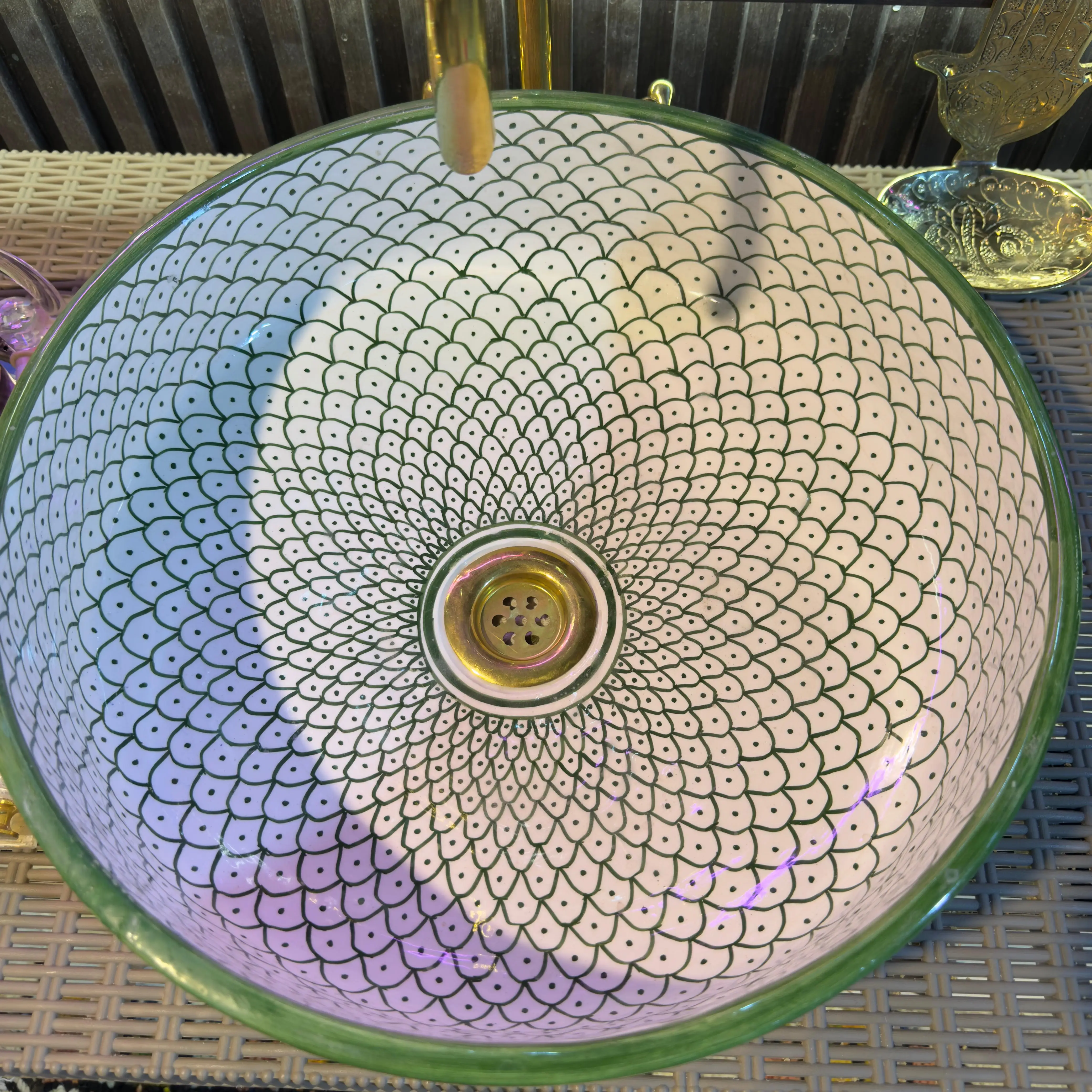 Green Emerald Ceramic Sink Bowl – Handcrafted Bohemian Vessel for Bathroom Vanity - 35 cm : 13.78 in