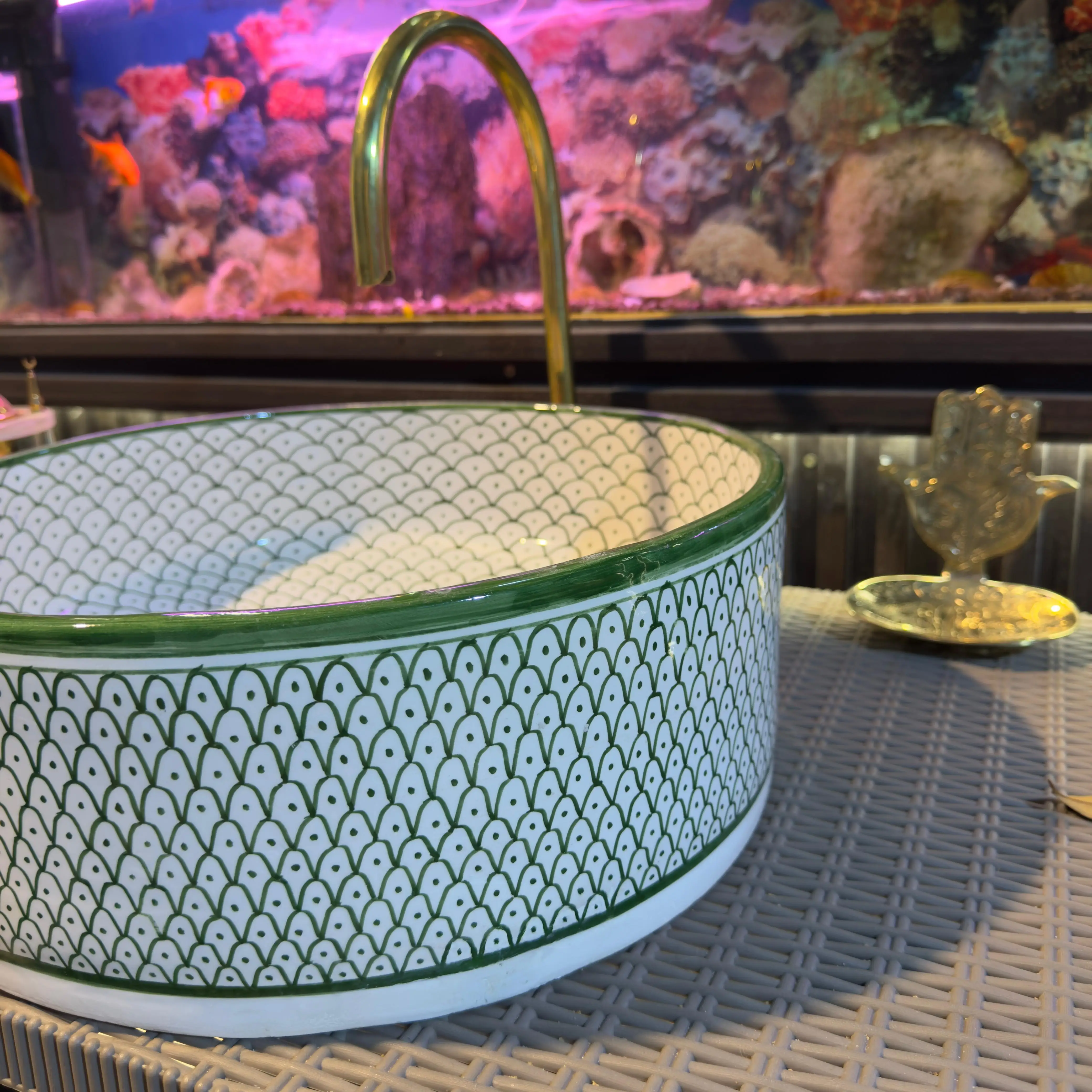 Green Emerald Ceramic Sink Bowl – Handcrafted Bohemian Vessel for Bathroom Vanity - 35 cm : 13.78 in