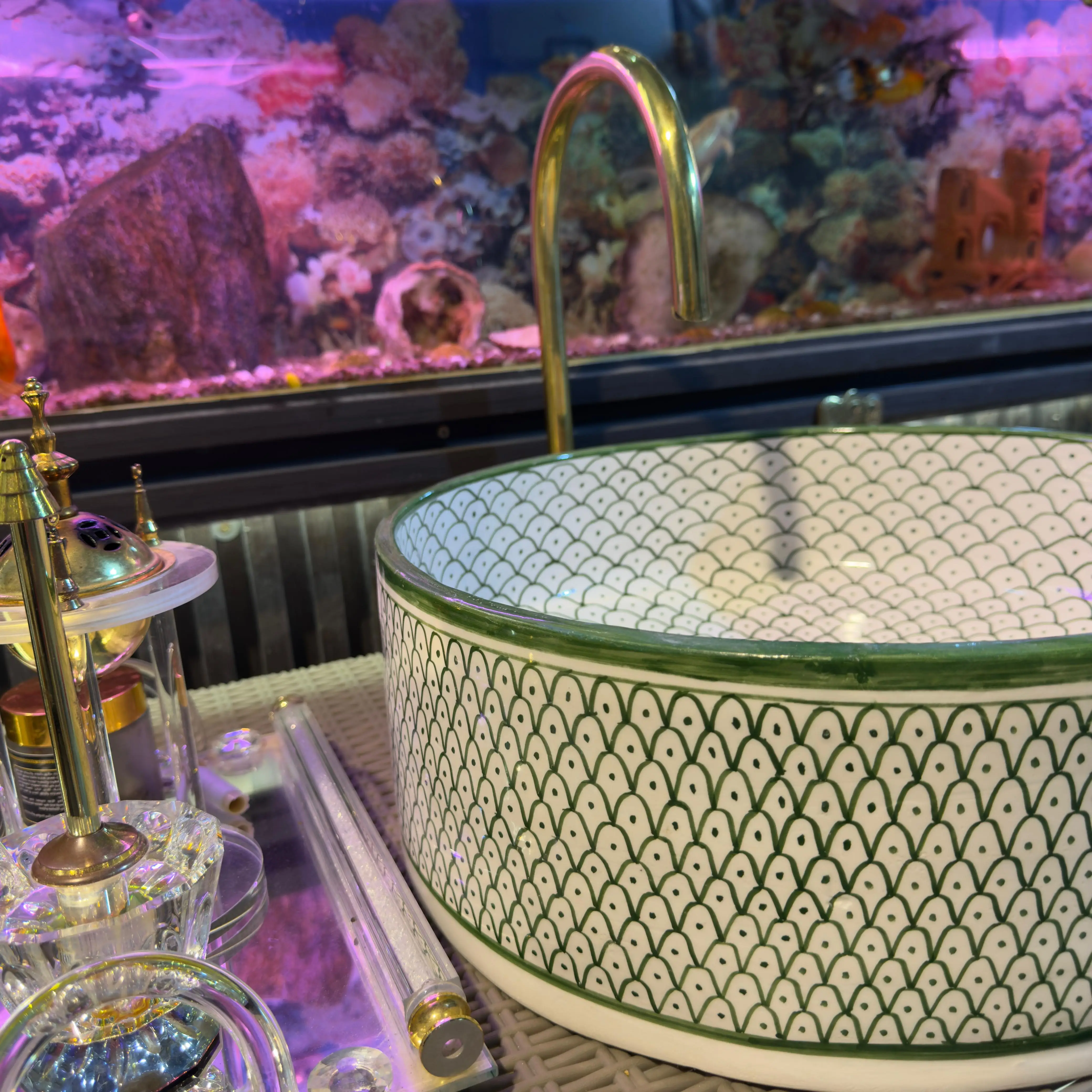 Green Emerald Ceramic Sink Bowl – Handcrafted Bohemian Vessel for Bathroom Vanity - 40 CM :15.75 in