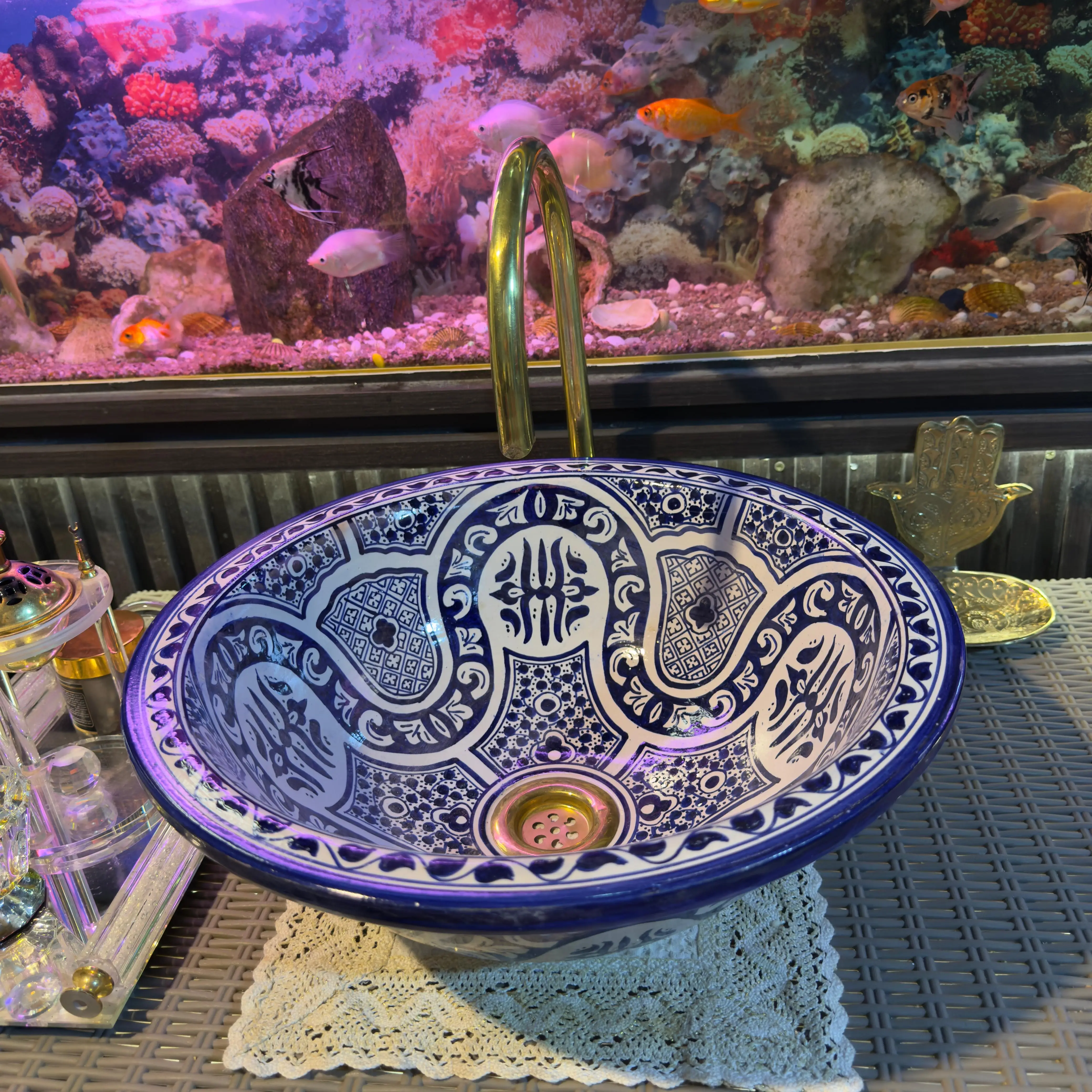 Custom Moroccan Bathroom Sink – Unique Round Bowl with Brass Drain - 20 cm : 7,87 inches
