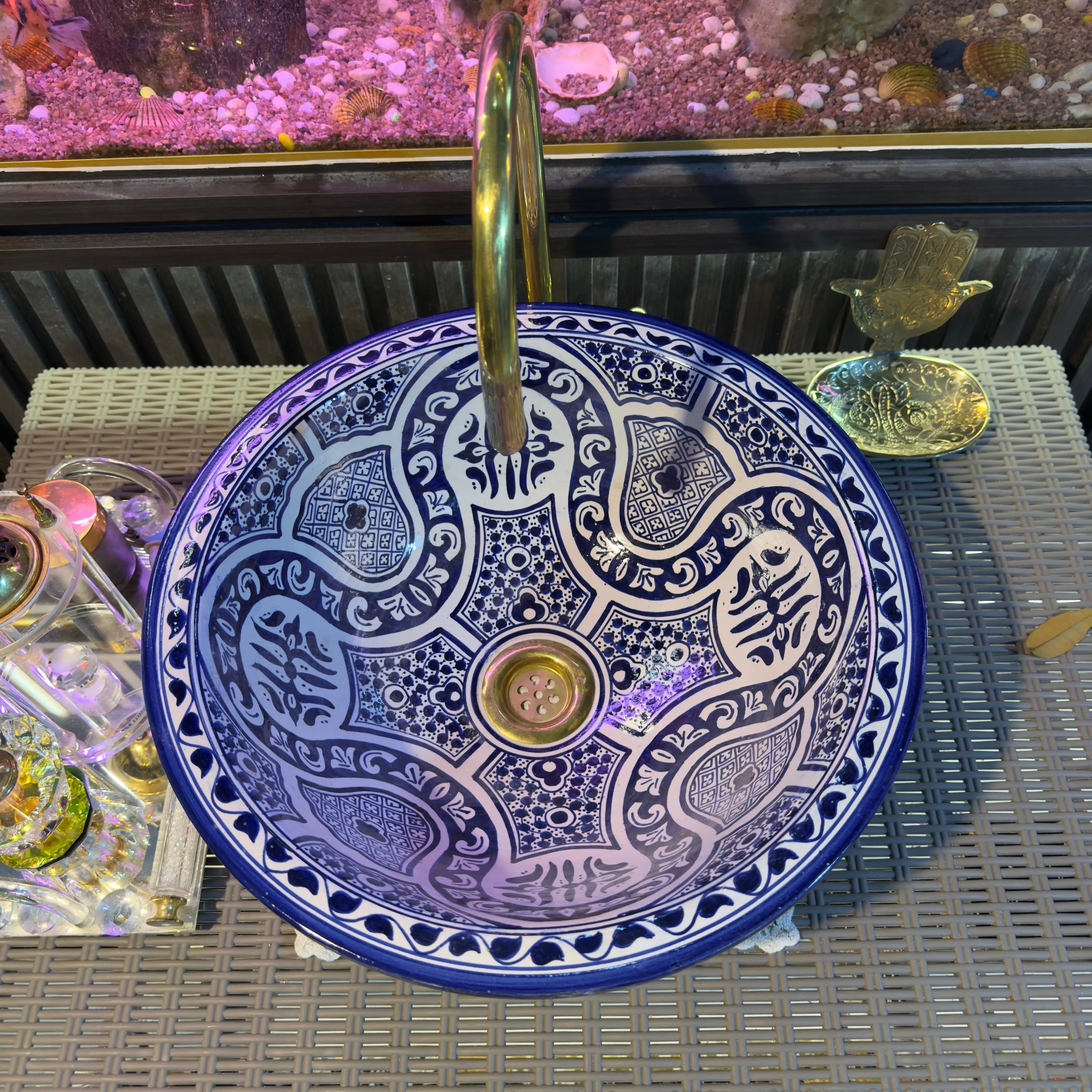 Custom Moroccan Bathroom Sink – Unique Round Bowl with Brass Drain - 25cm : 9.84 in