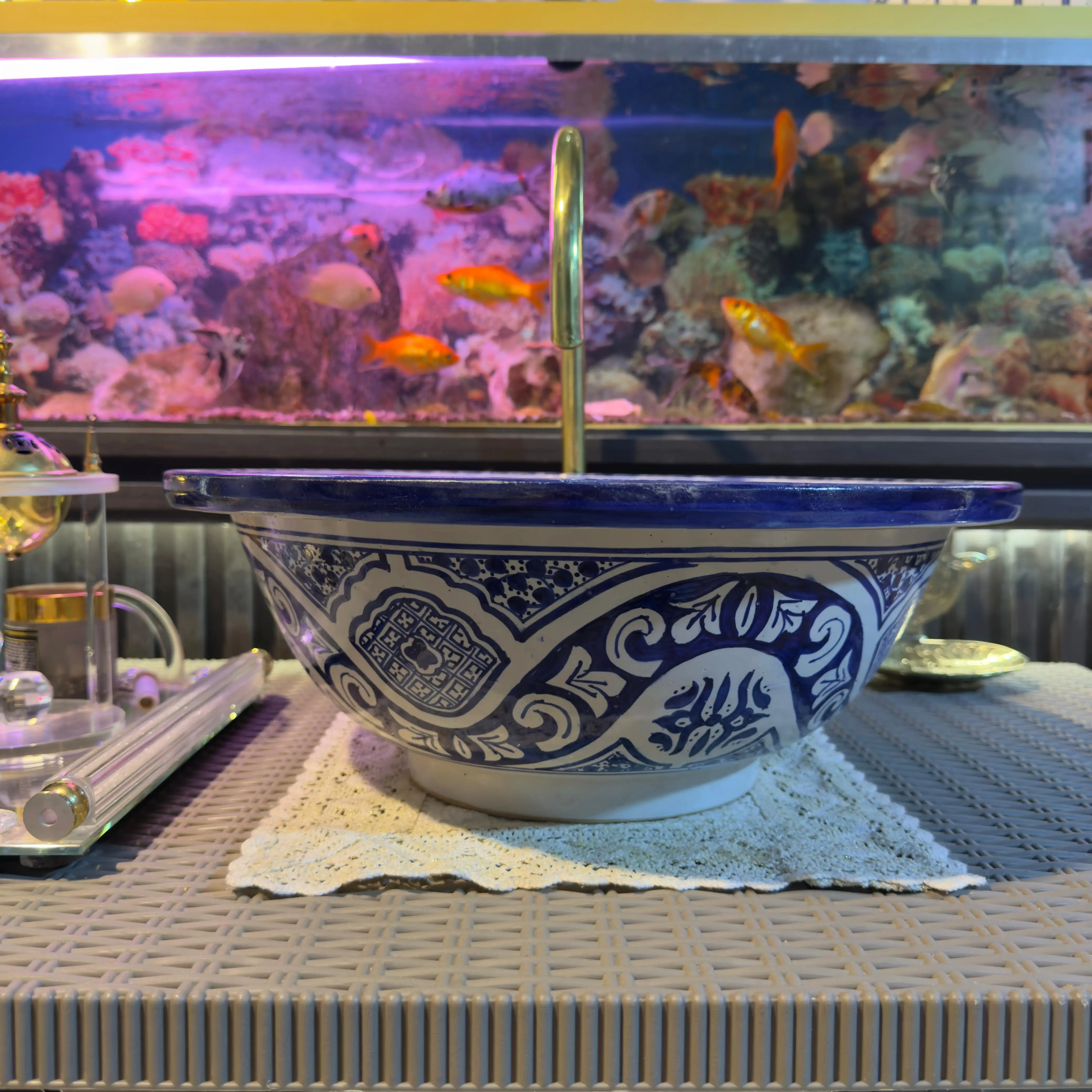 Custom Moroccan Bathroom Sink – Unique Round Bowl with Brass Drain - 30cm :11.81 in