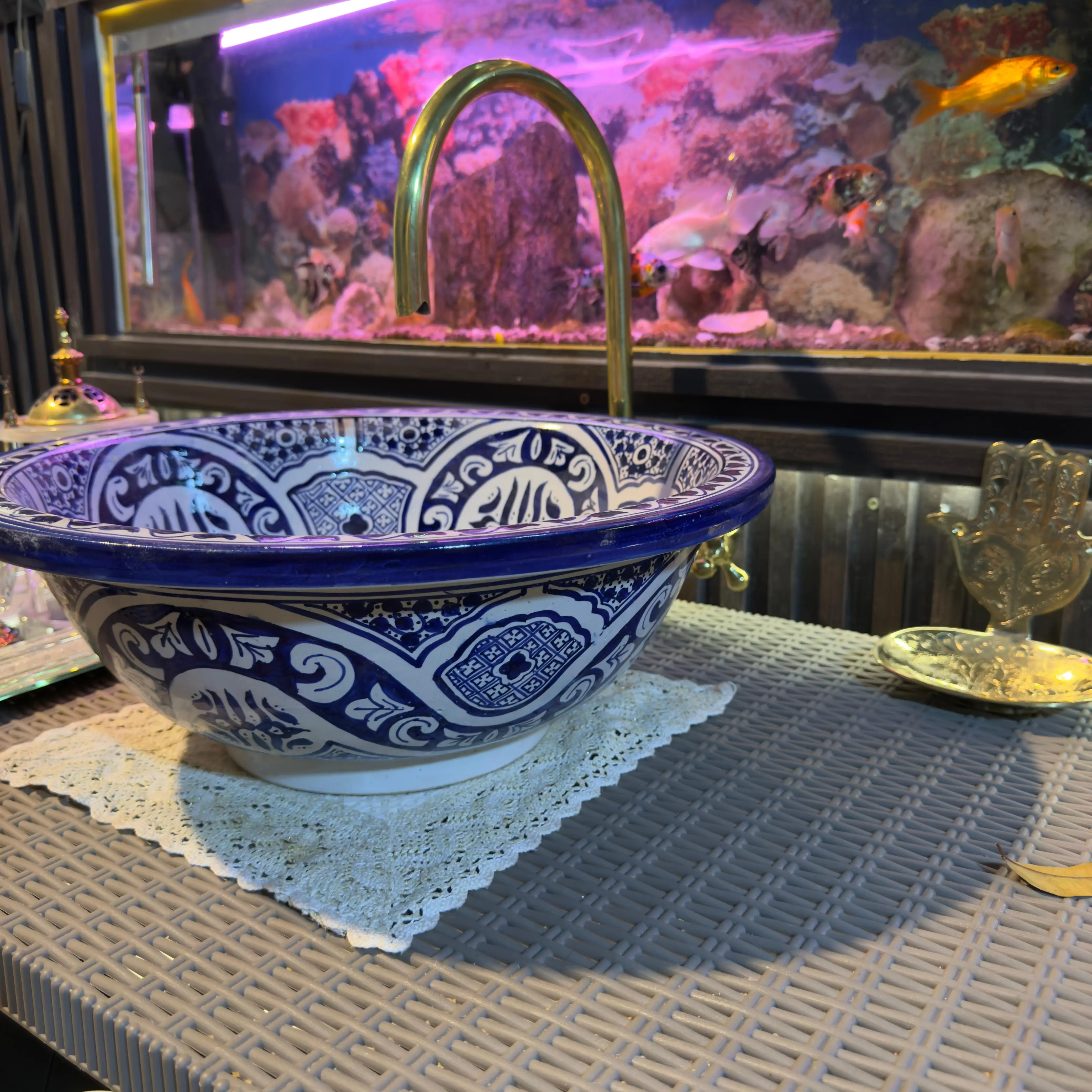 Custom Moroccan Bathroom Sink – Unique Round Bowl with Brass Drain - 30cm :11.81 in