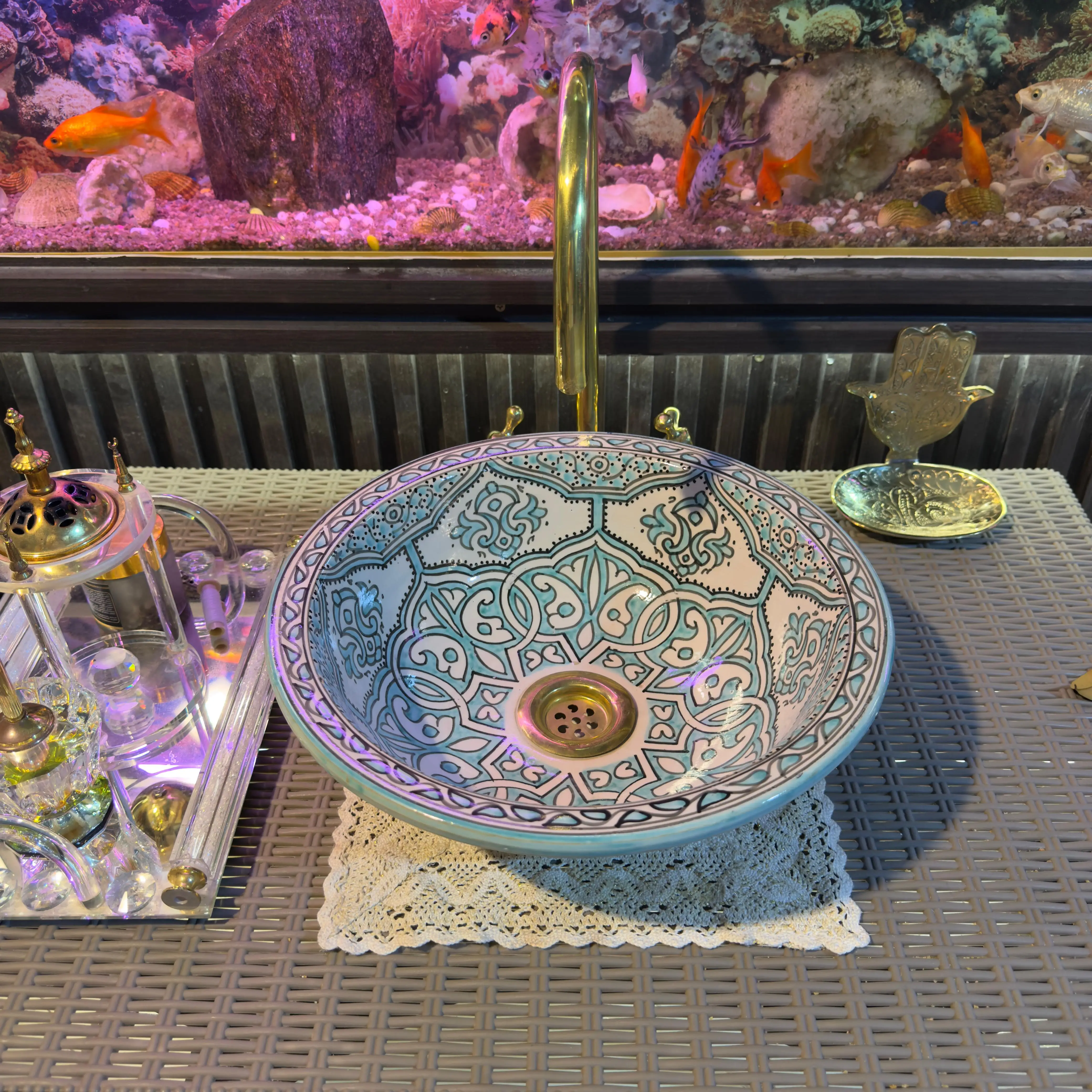 Floral Ceramic Drop-in Sink – Round Vessel with Brass Drain - 25cm : 9.84 in