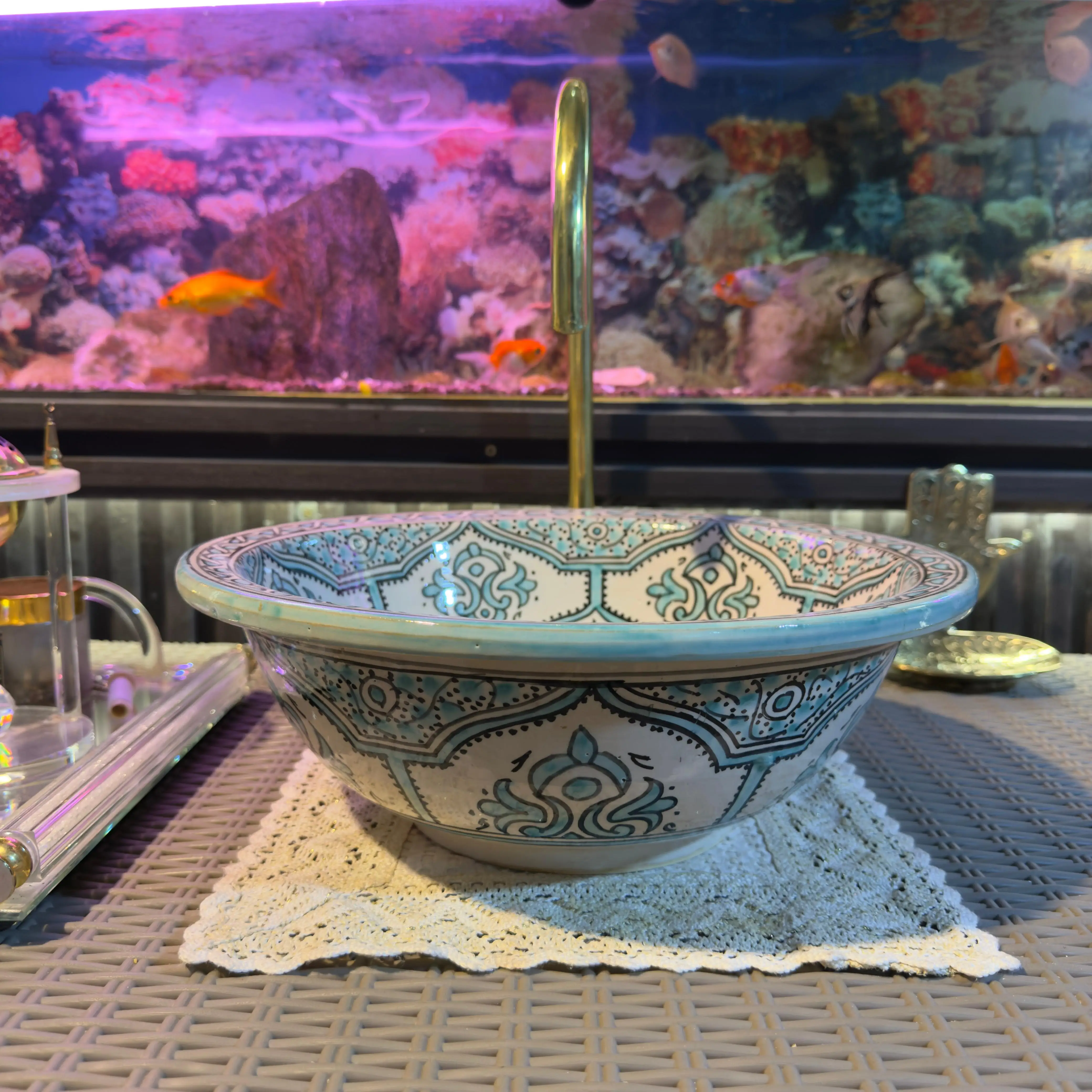 Floral Ceramic Drop-in Sink – Round Vessel with Brass Drain - 25cm : 9.84 in