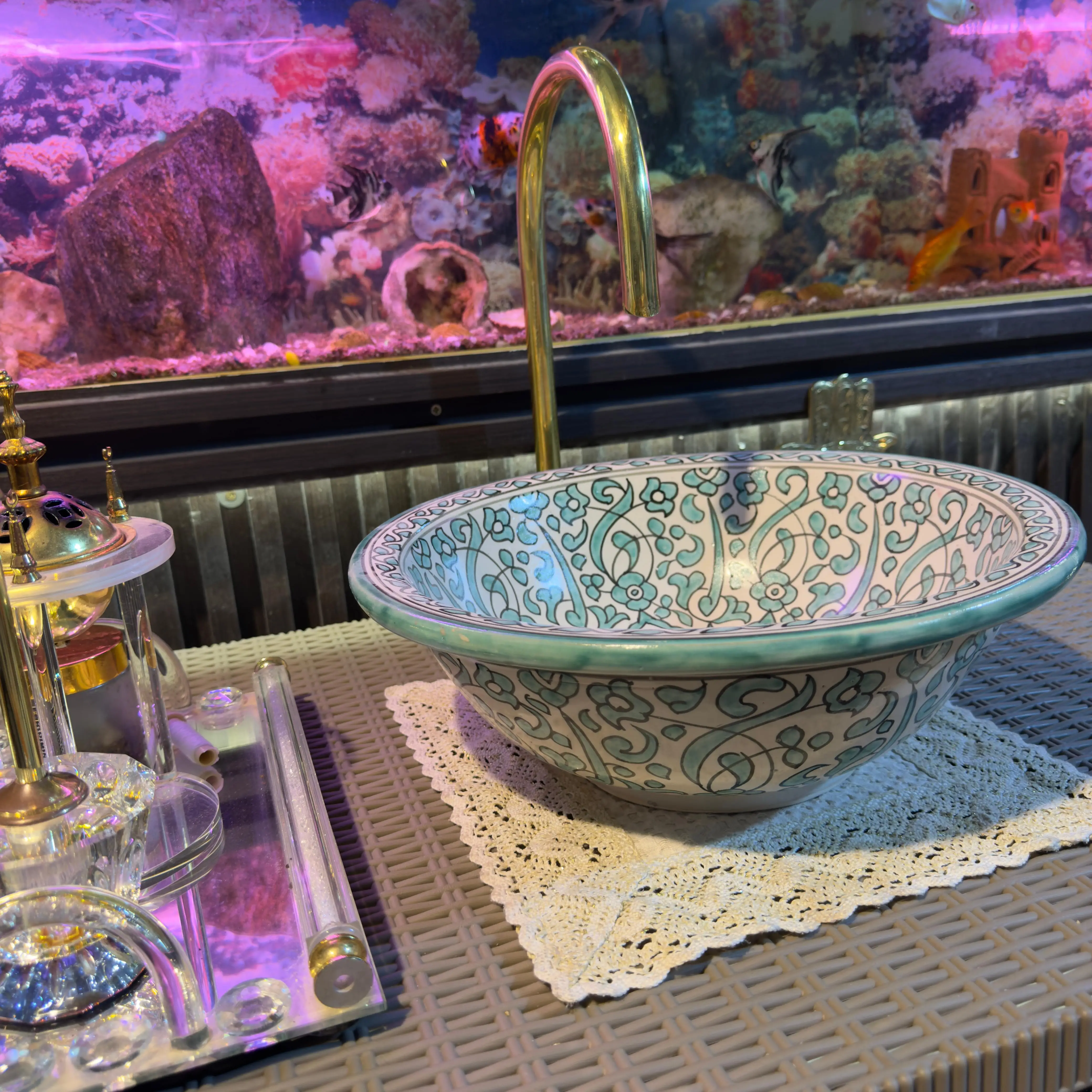 Floral Ceramic Drop-in Sink – Round Vessel with Brass Drain - 30cm :11.81 in