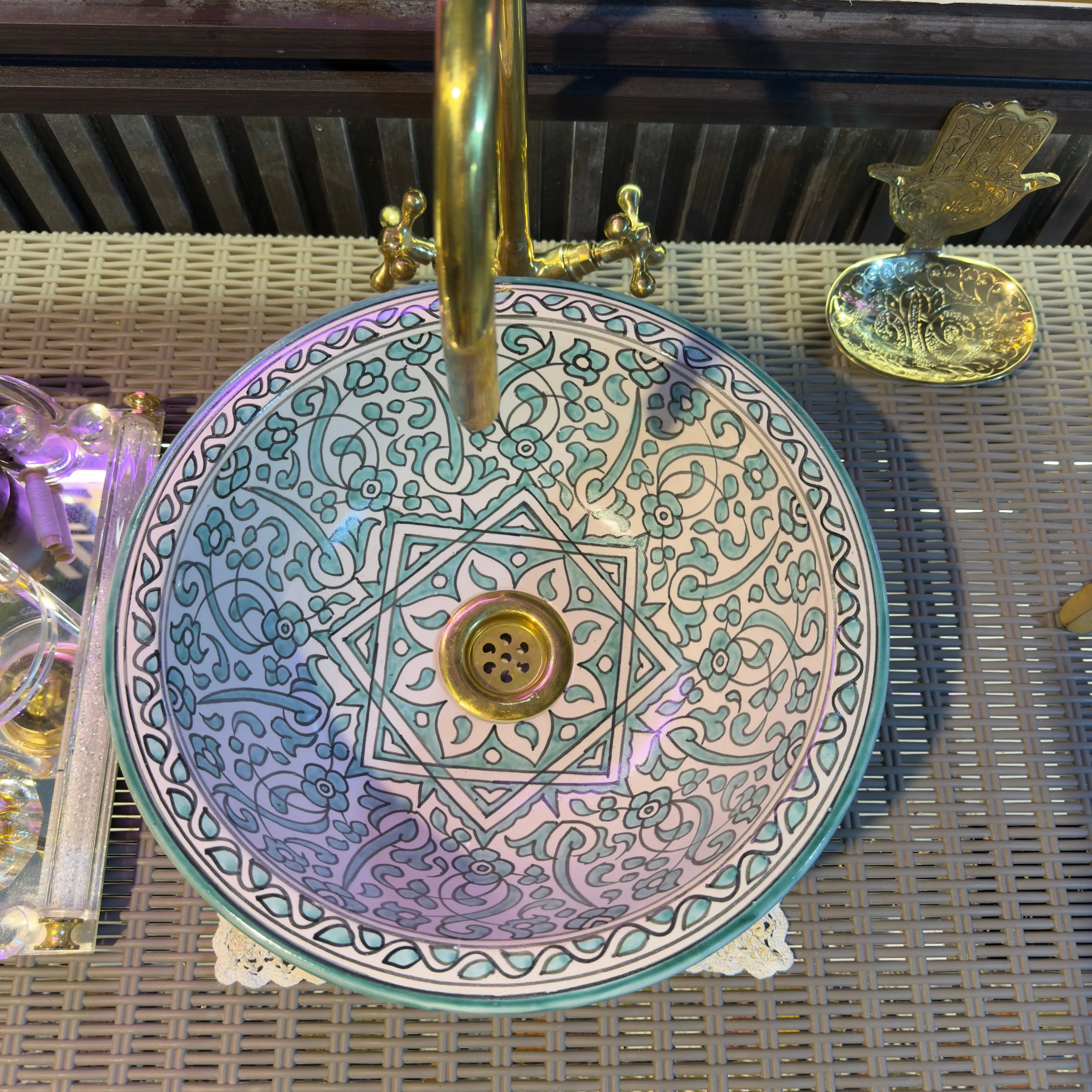 Floral Ceramic Drop-in Sink – Round Vessel with Brass Drain - 30cm :11.81 in