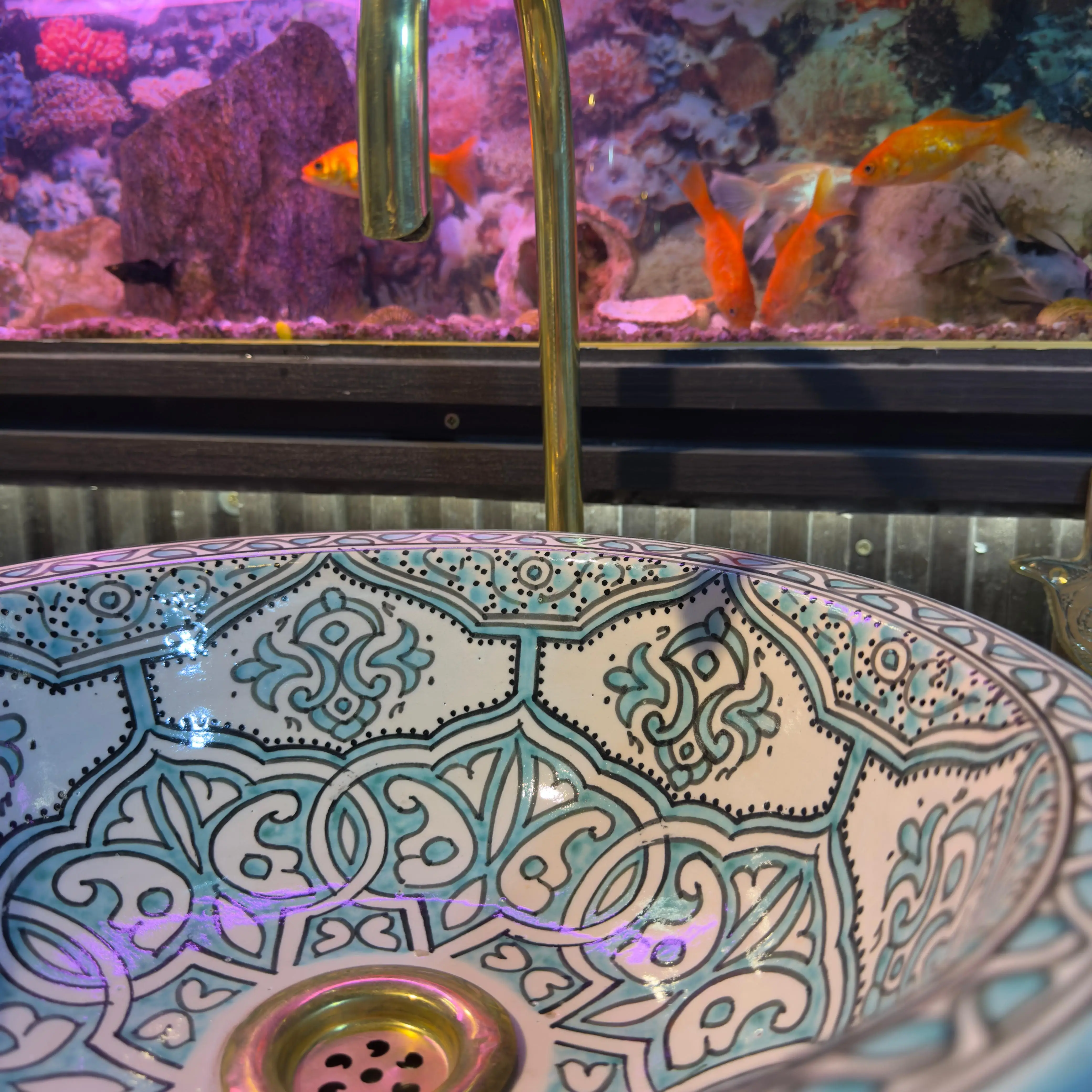 Floral Ceramic Drop-in Sink – Round Vessel with Brass Drain - 35 cm : 13.78 in