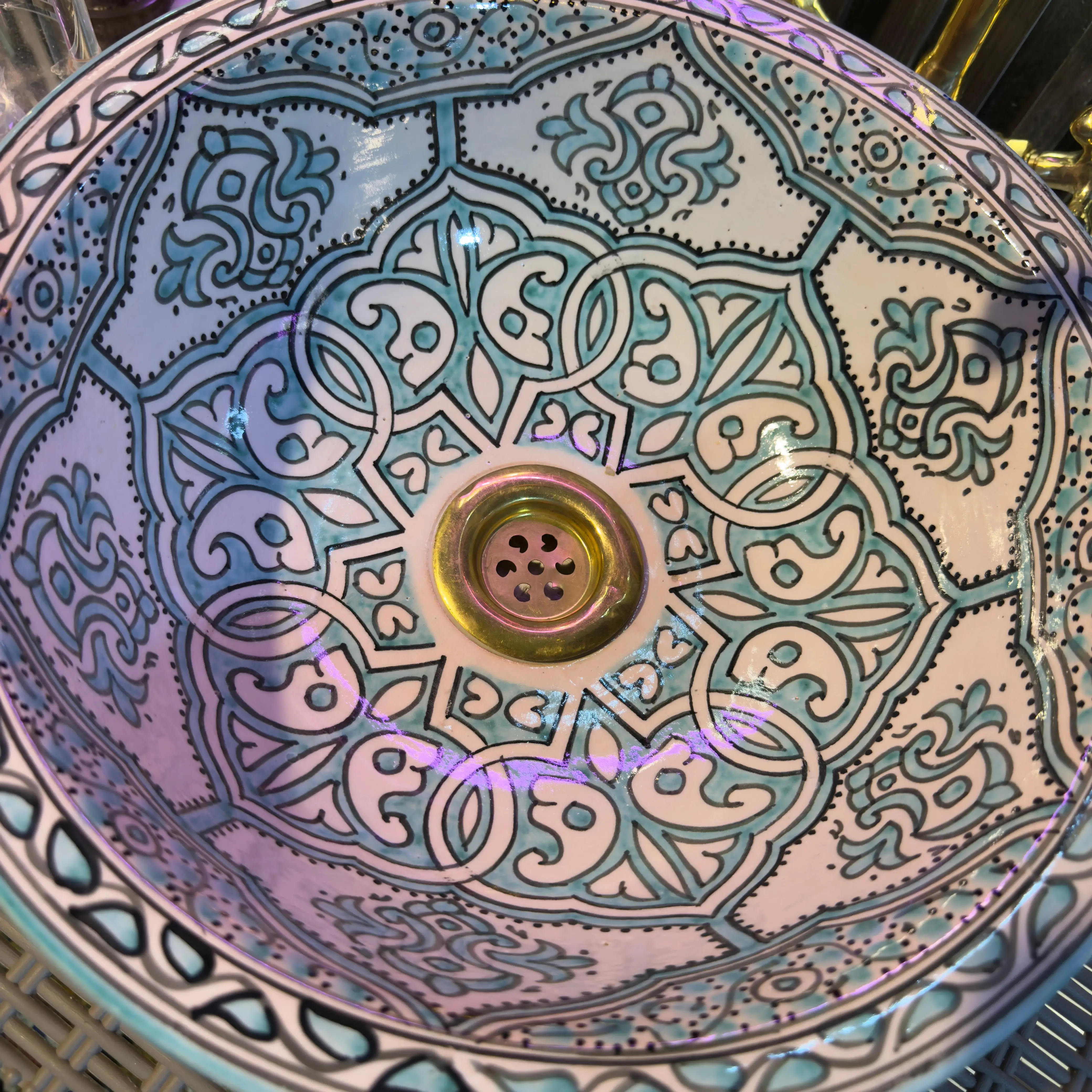 Floral Ceramic Drop-in Sink – Round Vessel with Brass Drain - 40 CM :15.75 in