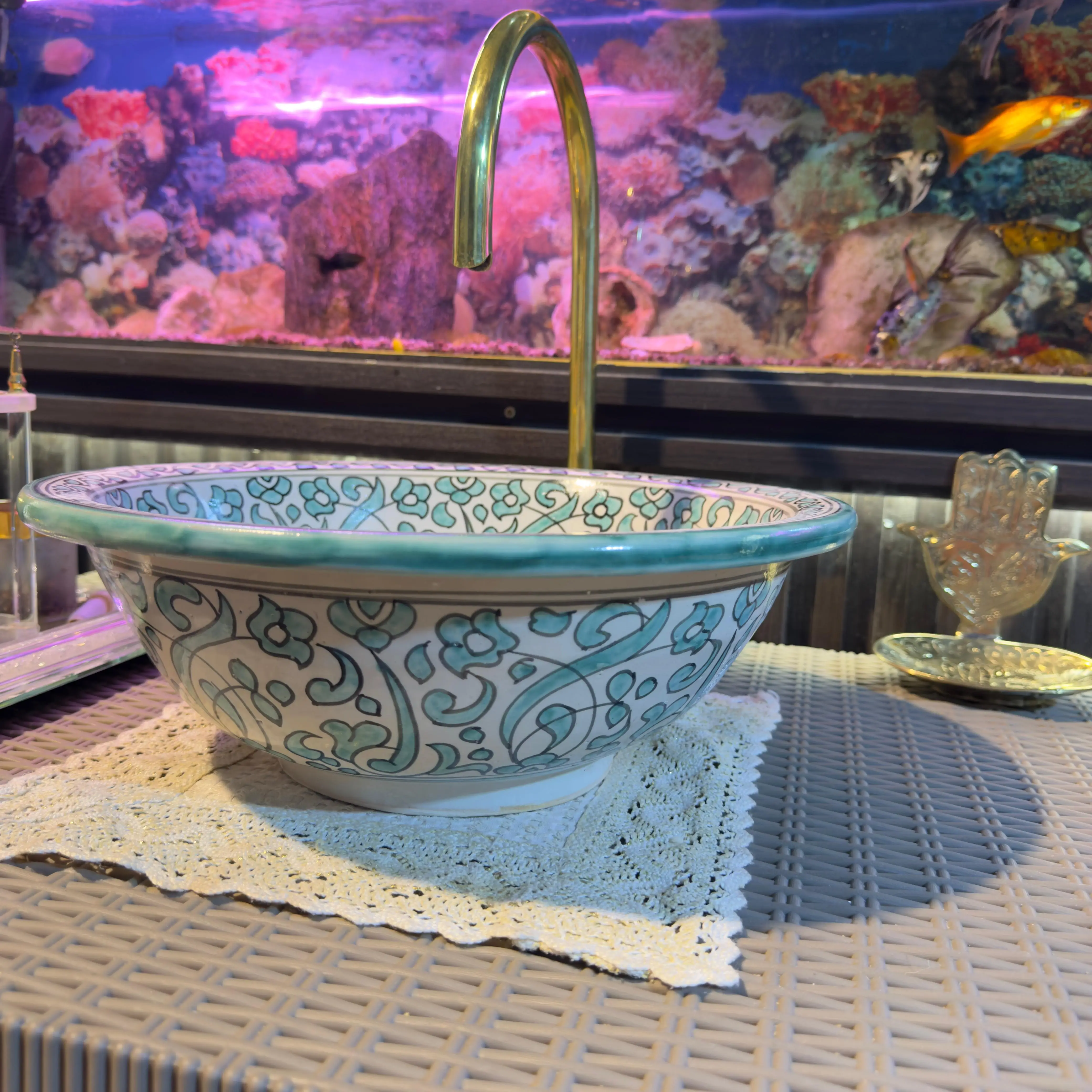 Floral Ceramic Drop-in Sink – Round Vessel with Brass Drain - 40 CM :15.75 in