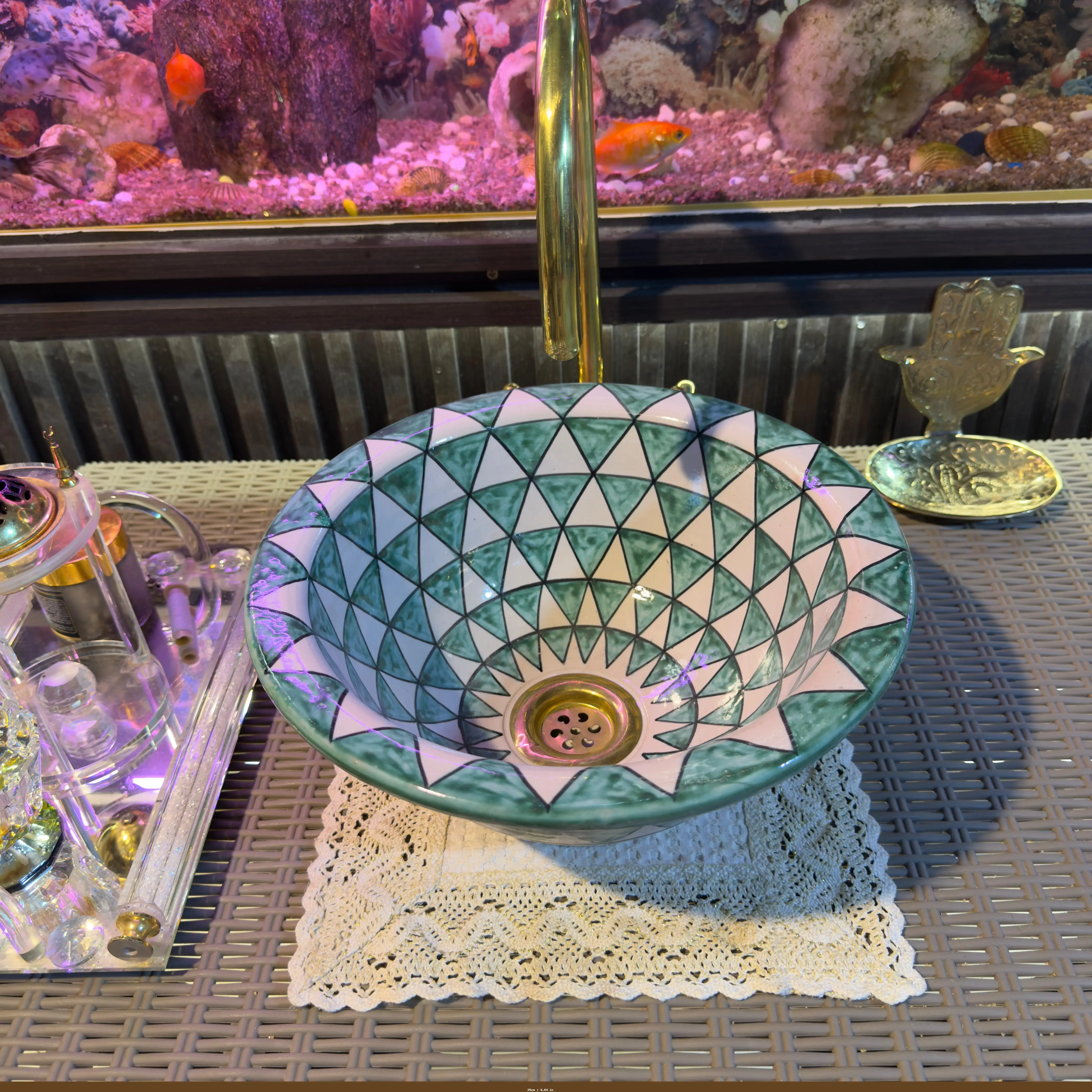 Handmade Moroccan Sink Bowl with Brass Drain – Farmhouse Elegance - 25cm : 9.84 in