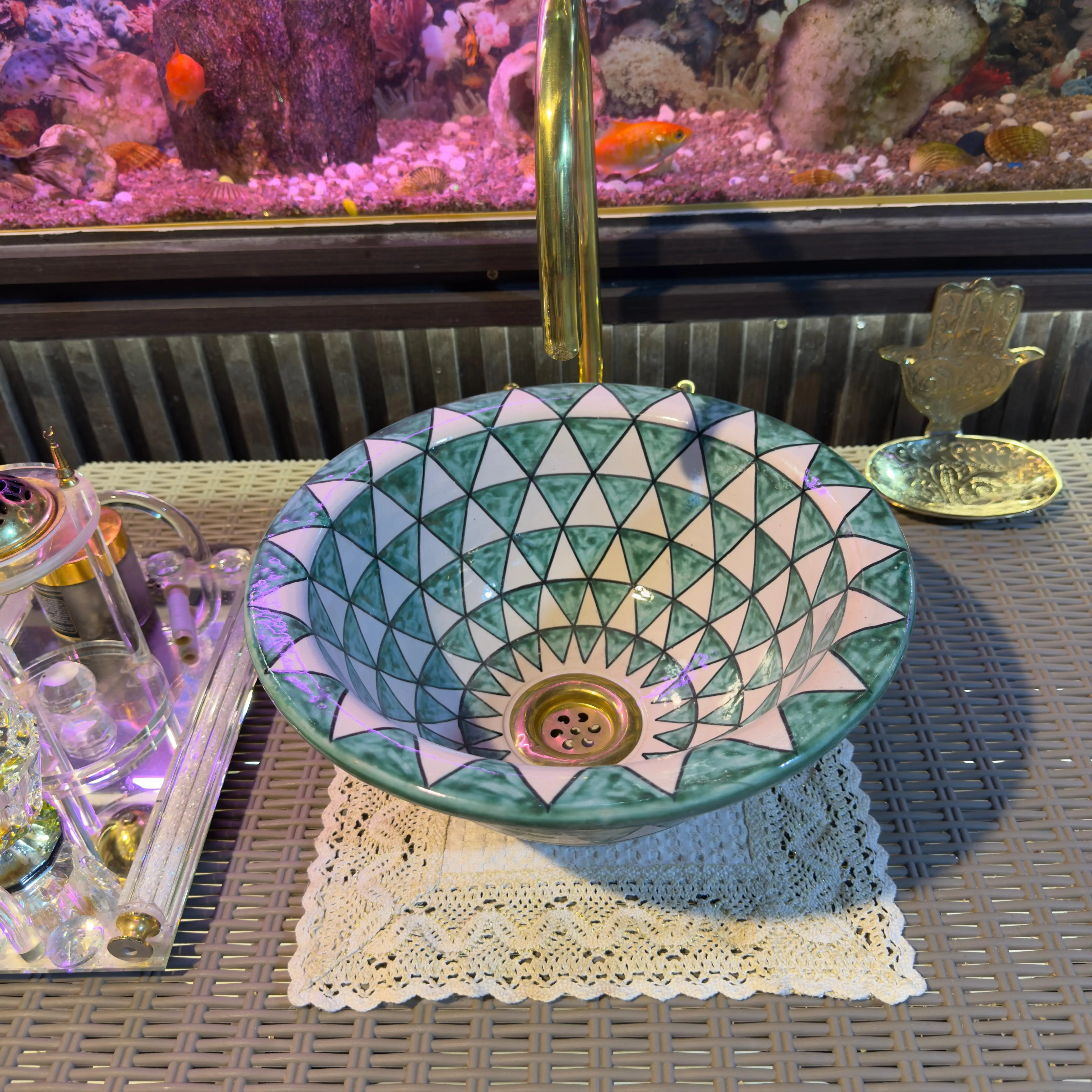 Handmade Moroccan Sink Bowl with Brass Drain – Farmhouse Elegance - 25cm : 9.84 in