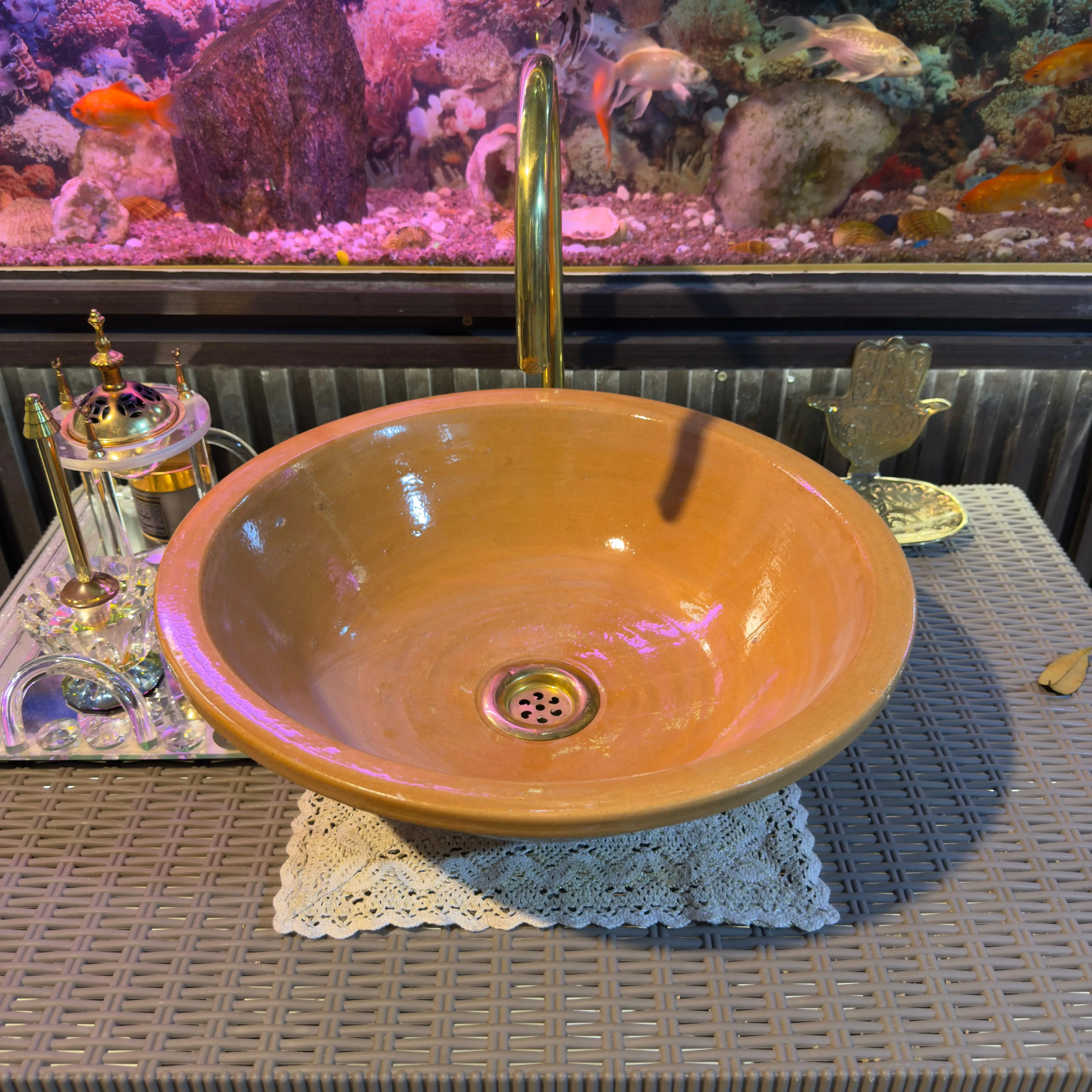 Handmade Brown Moroccan Ceramic Sink – Undermount Artisan Bathroom Basin - 25cm : 9.84 in