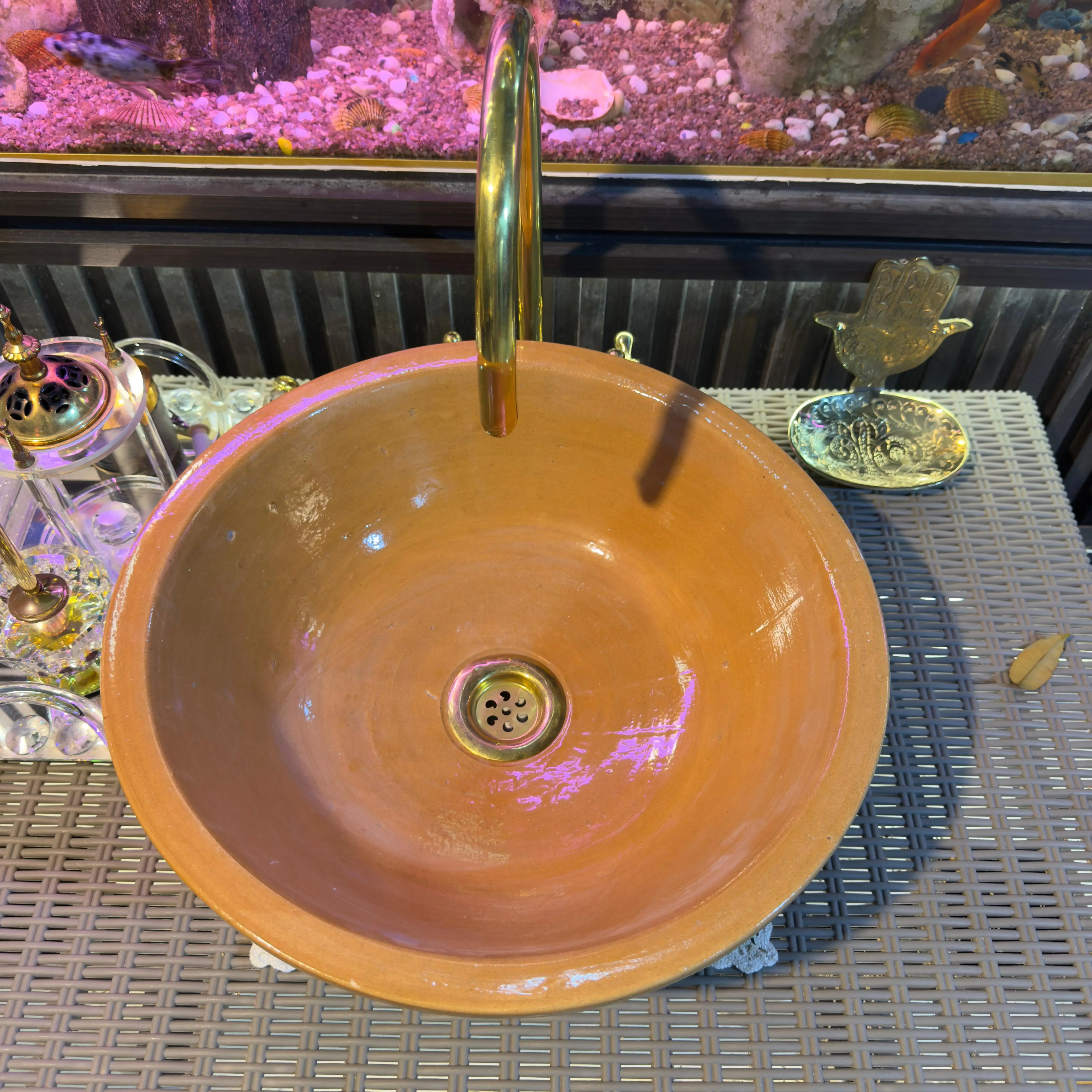 Handmade Brown Moroccan Ceramic Sink – Undermount Artisan Bathroom Basin - 25cm : 9.84 in