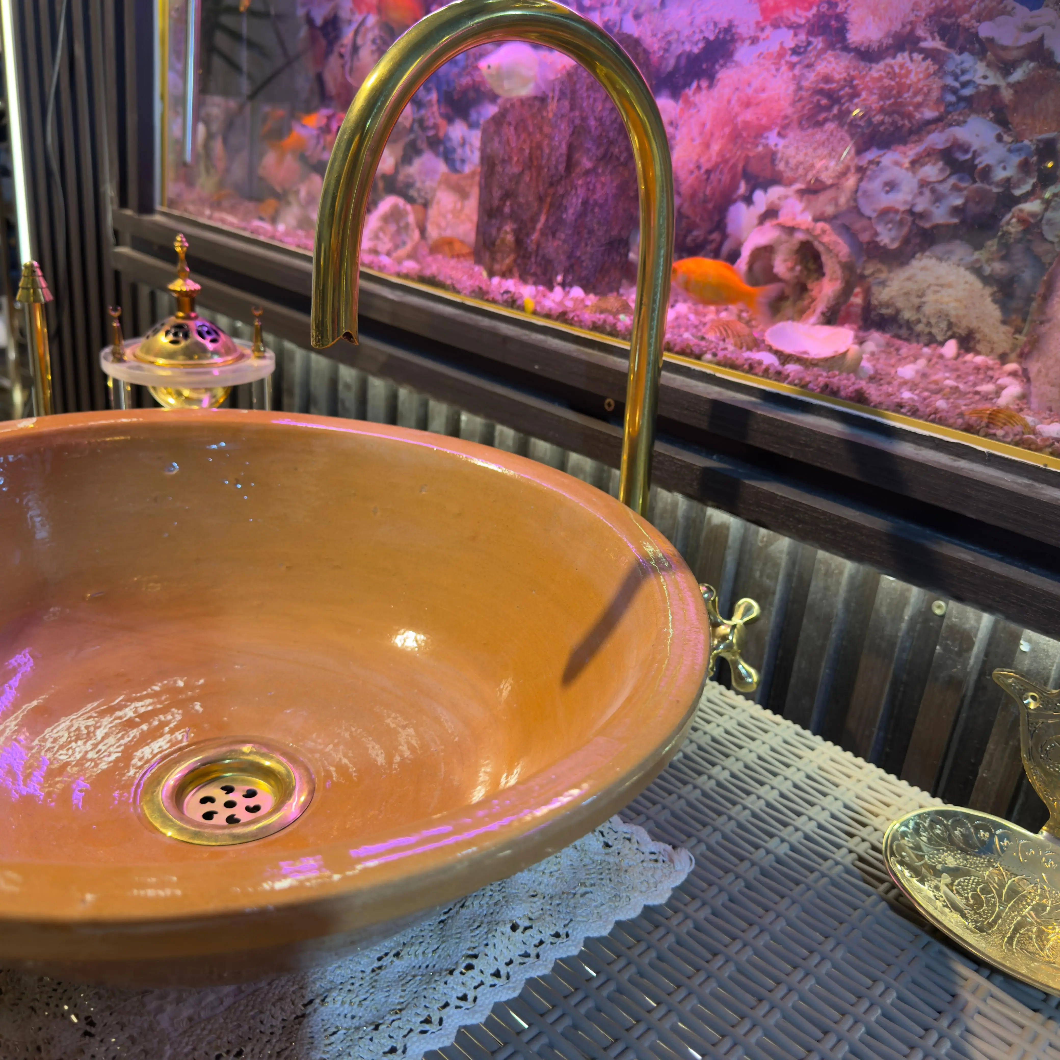 Handmade Brown Moroccan Ceramic Sink – Undermount Artisan Bathroom Basin - 25cm : 9.84 in