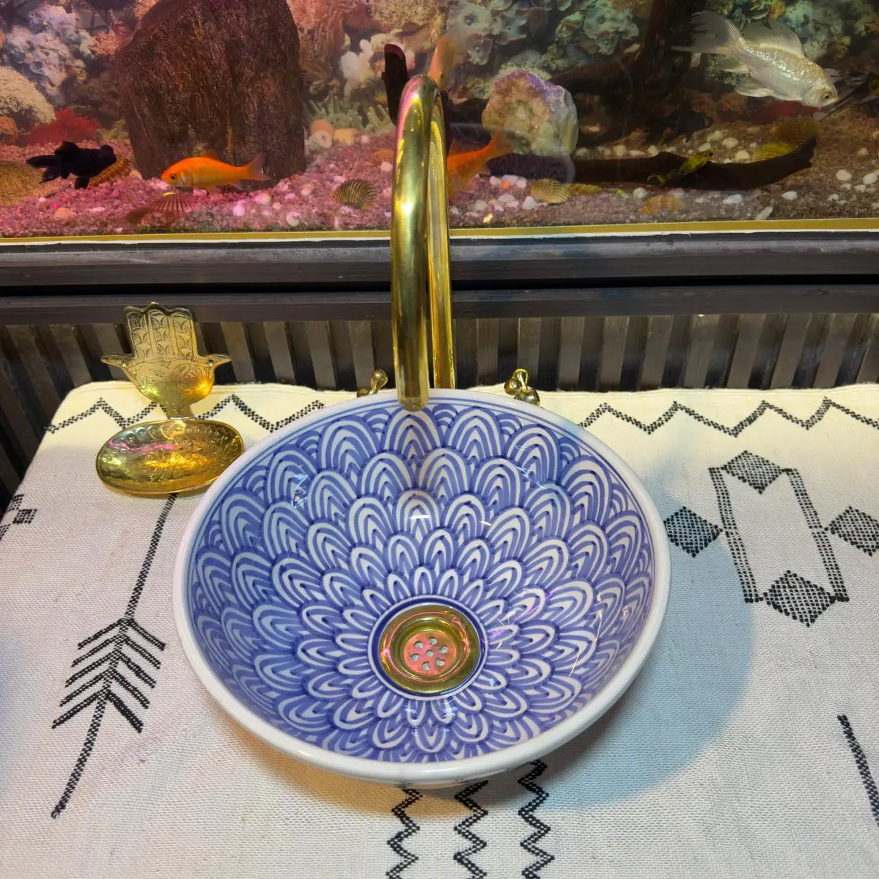Minimalist Blue Ceramic Sink – Moroccan Round Artisan Basin for Boho Bathroom Vanity - 35 cm : 13.78 in