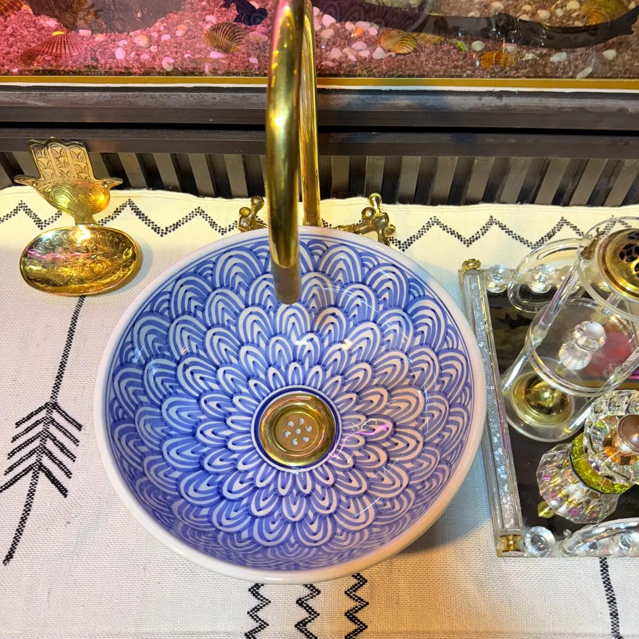 Minimalist Blue Ceramic Sink – Moroccan Round Artisan Basin for Boho Bathroom Vanity - 35 cm : 13.78 in