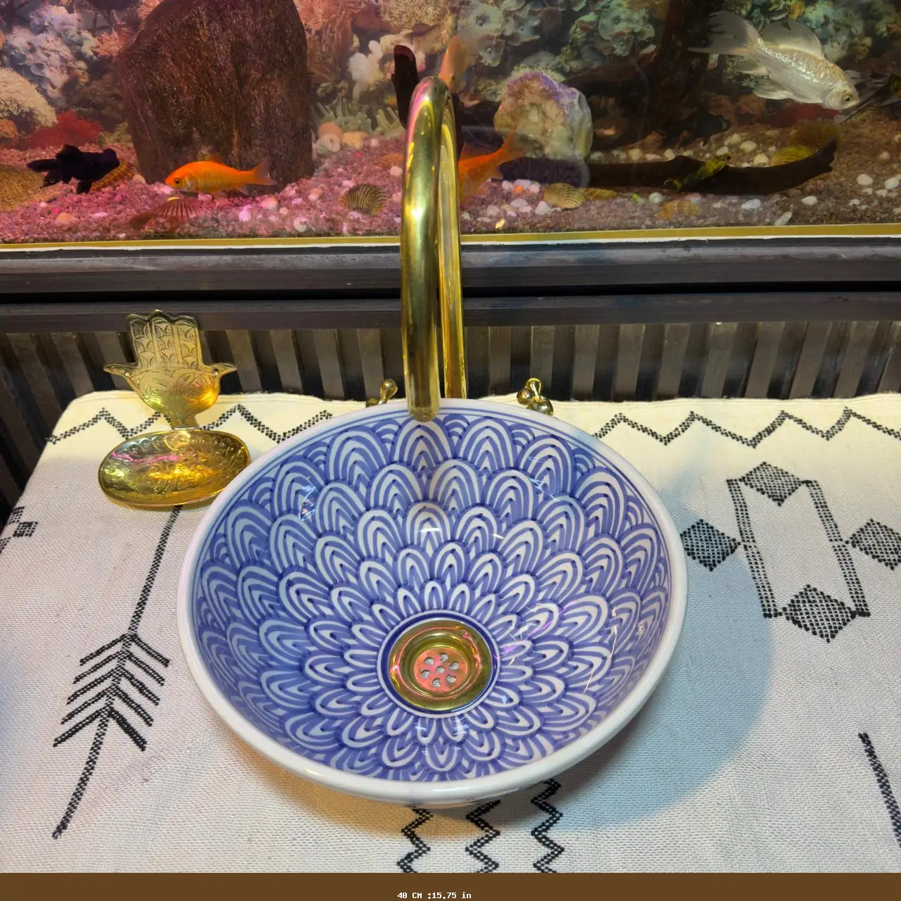 Minimalist Blue Ceramic Sink – Moroccan Round Artisan Basin for Boho Bathroom Vanity - 40 CM :15.75 in