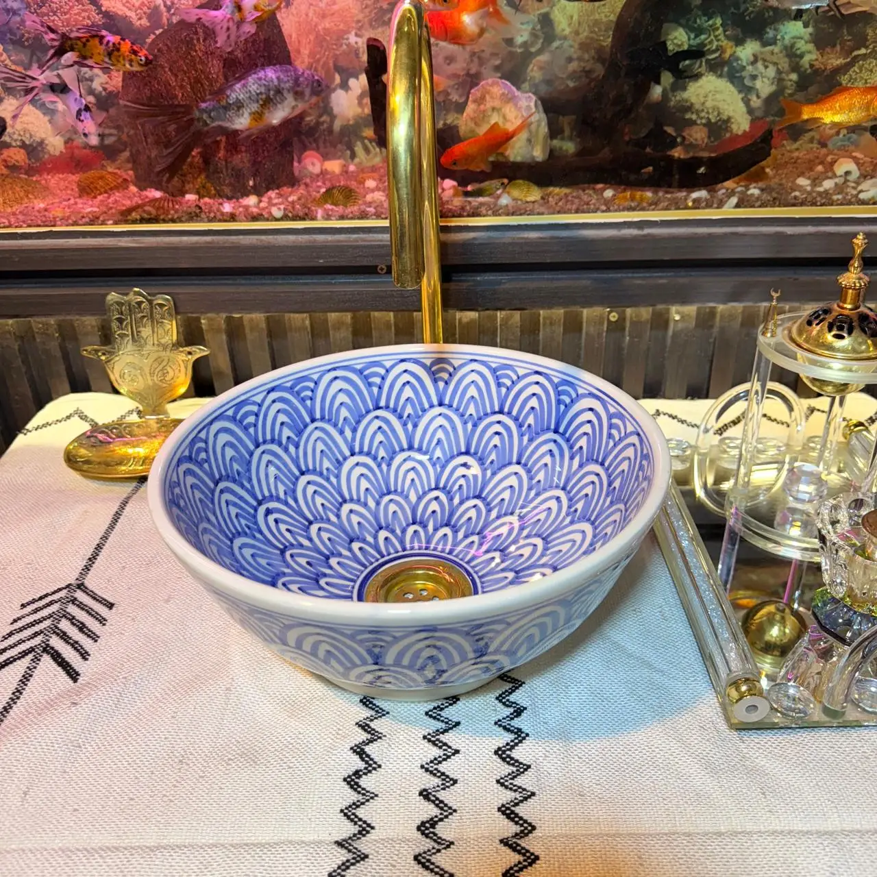 Minimalist Blue Ceramic Sink – Moroccan Round Artisan Basin for Boho Bathroom Vanity - 40 CM :15.75 in