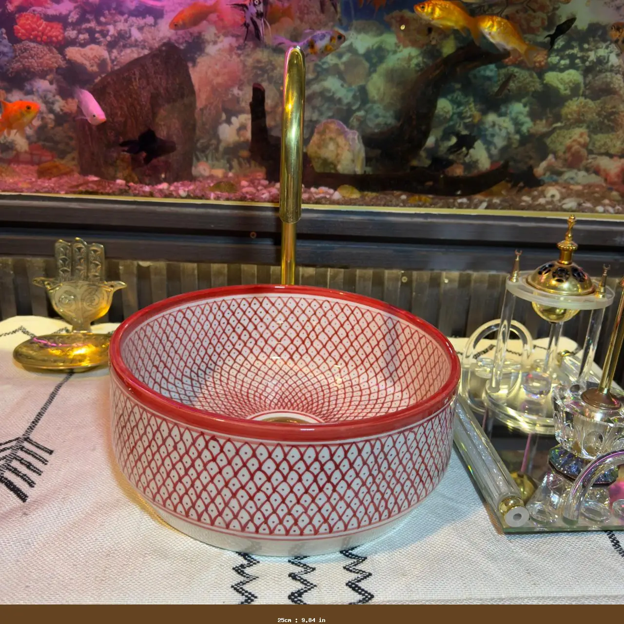 Hand Painted Red Ceramic Wash Basin – Moroccan Vanity Sink for Bathroom - 25cm : 9.84 in