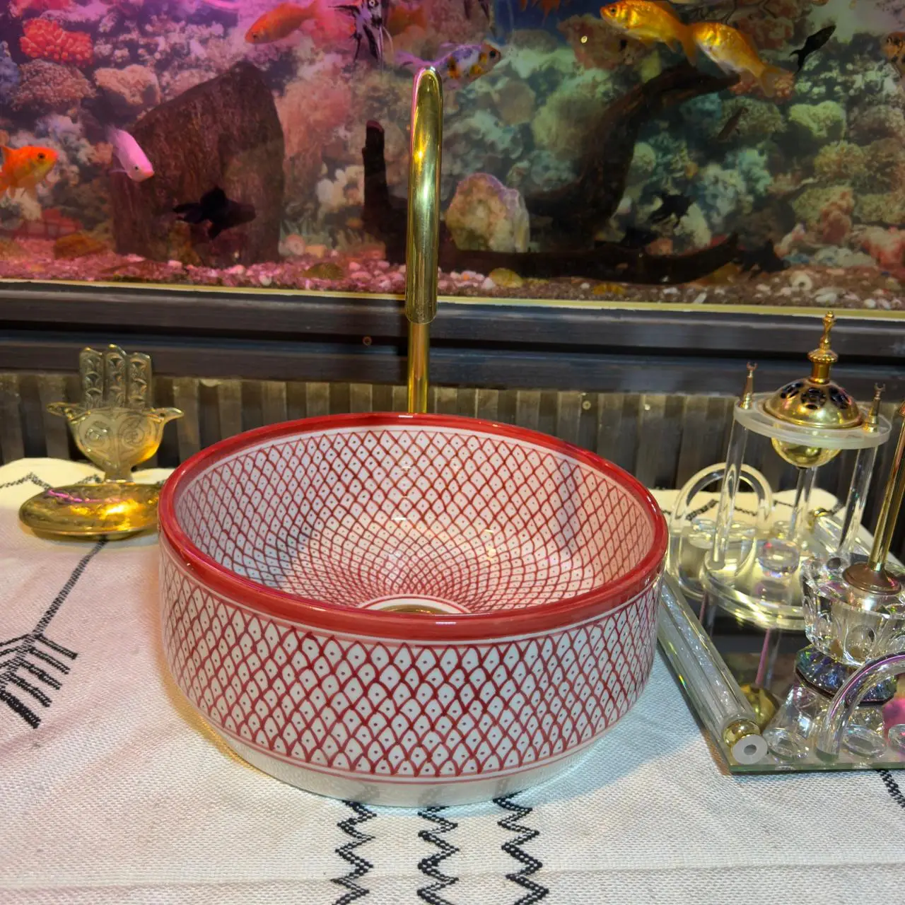 Hand Painted Red Ceramic Wash Basin – Moroccan Vanity Sink for Bathroom - 25cm : 9.84 in