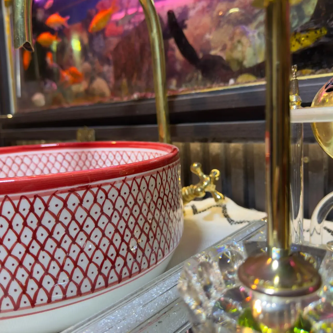 Hand Painted Red Ceramic Wash Basin – Moroccan Vanity Sink for Bathroom - 35 cm : 13.78 in