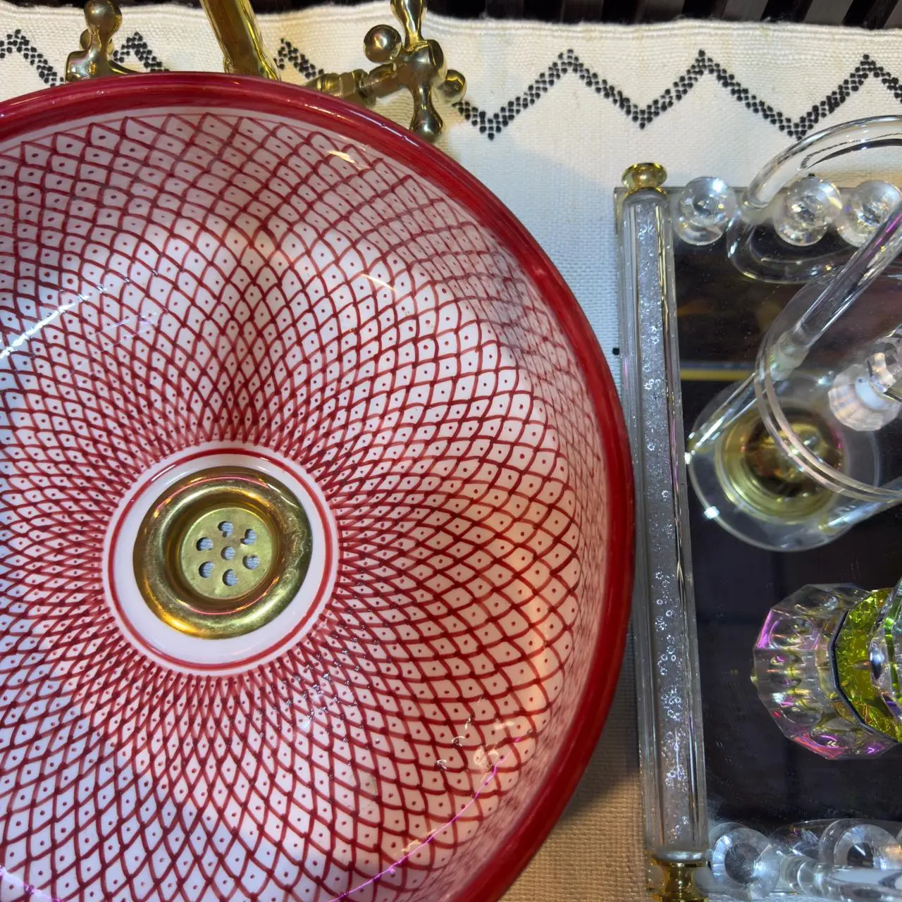 Hand Painted Red Ceramic Wash Basin – Moroccan Vanity Sink for Bathroom - 35 cm : 13.78 in