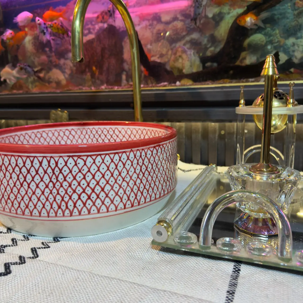 Hand Painted Red Ceramic Wash Basin – Moroccan Vanity Sink for Bathroom - 40 CM :15.75 in