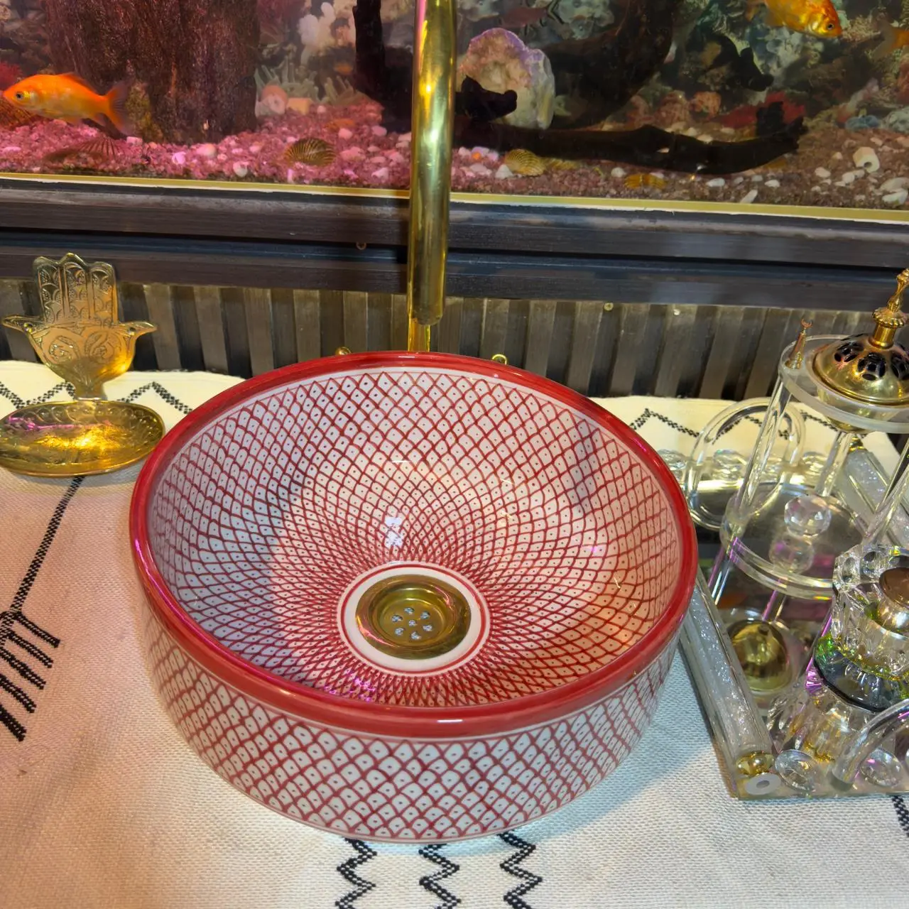 Hand Painted Red Ceramic Wash Basin – Moroccan Vanity Sink for Bathroom - 40 CM :15.75 in