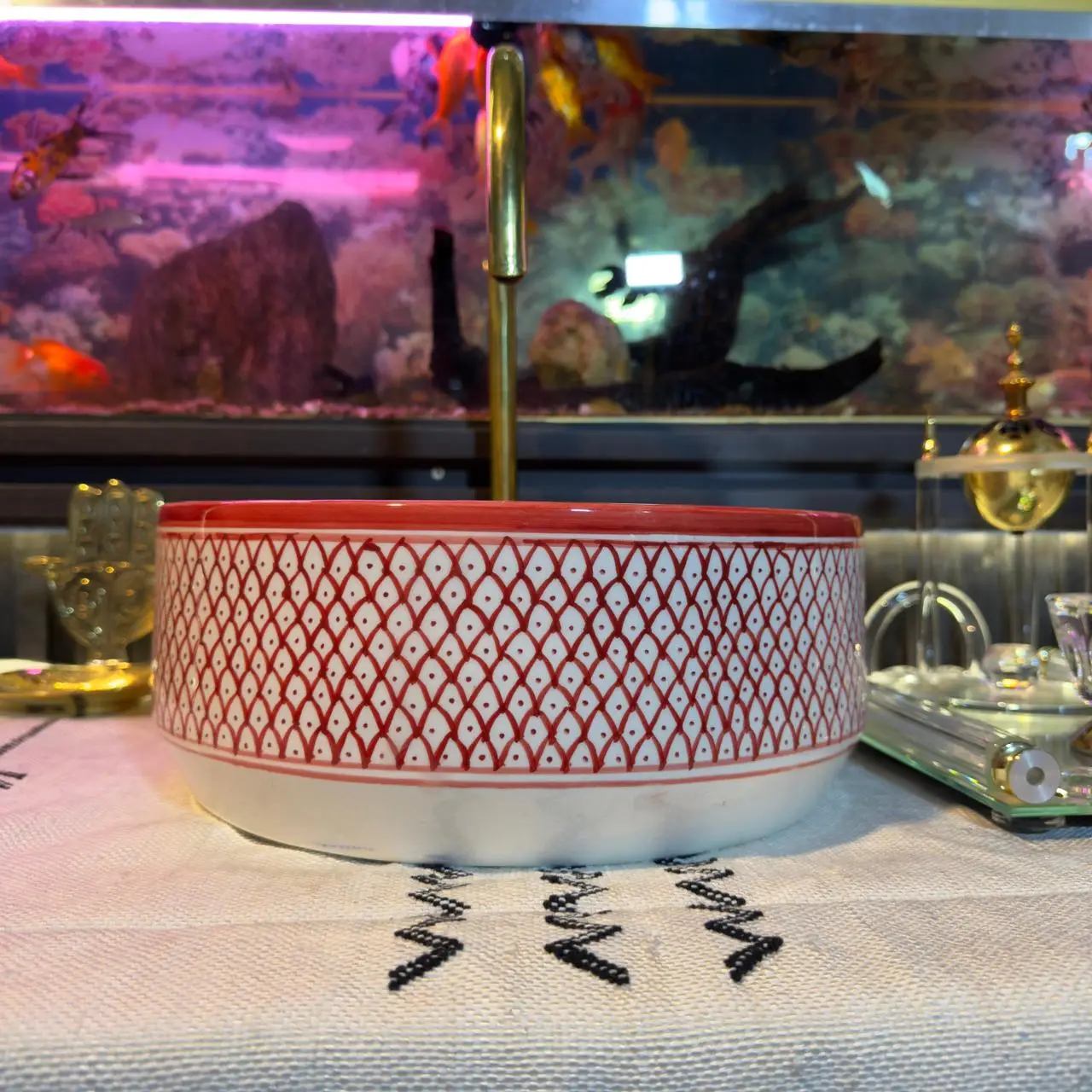 Hand Painted Red Ceramic Wash Basin – Moroccan Vanity Sink for Bathroom - 40 CM :15.75 in