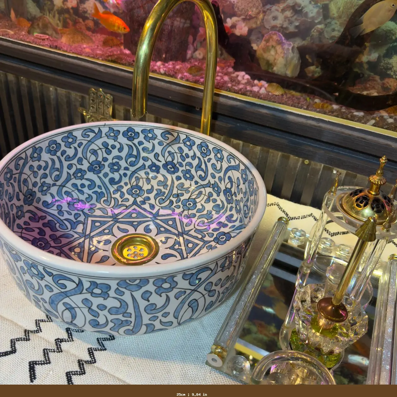 Blue Flower Ceramic Sink – Handmade Bathroom Vessel Basin - 25cm : 9.84 in