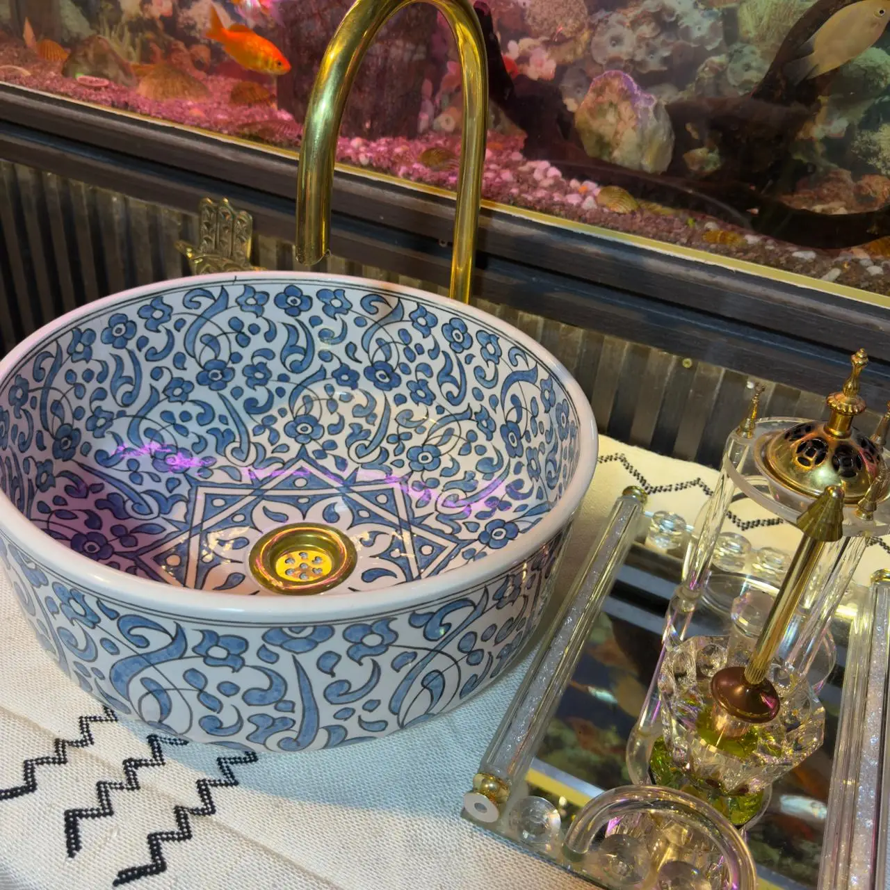 Blue Flower Ceramic Sink – Handmade Bathroom Vessel Basin - 35 cm : 13.78 in