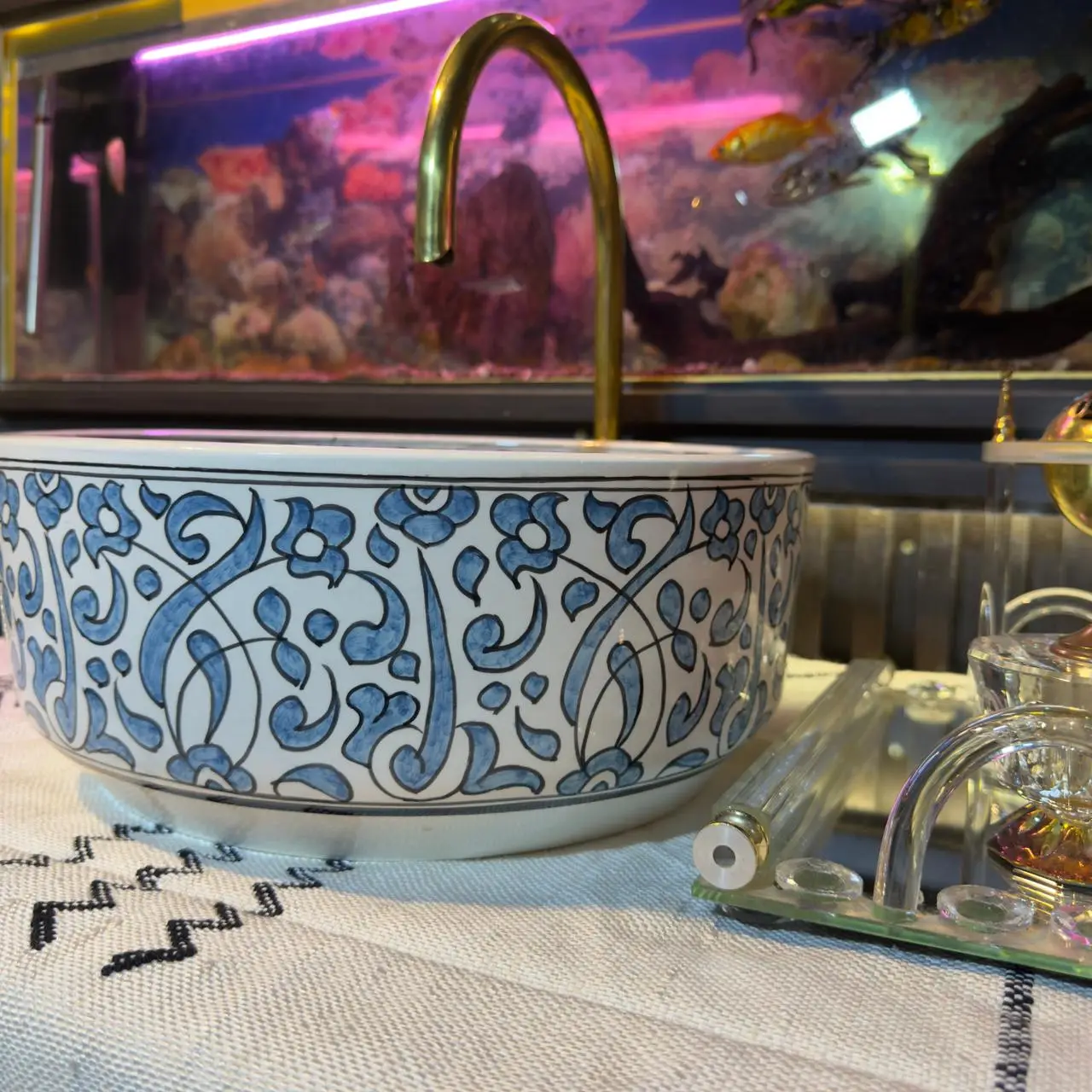 Blue Flower Ceramic Sink – Handmade Bathroom Vessel Basin - 40 CM :15.75 in