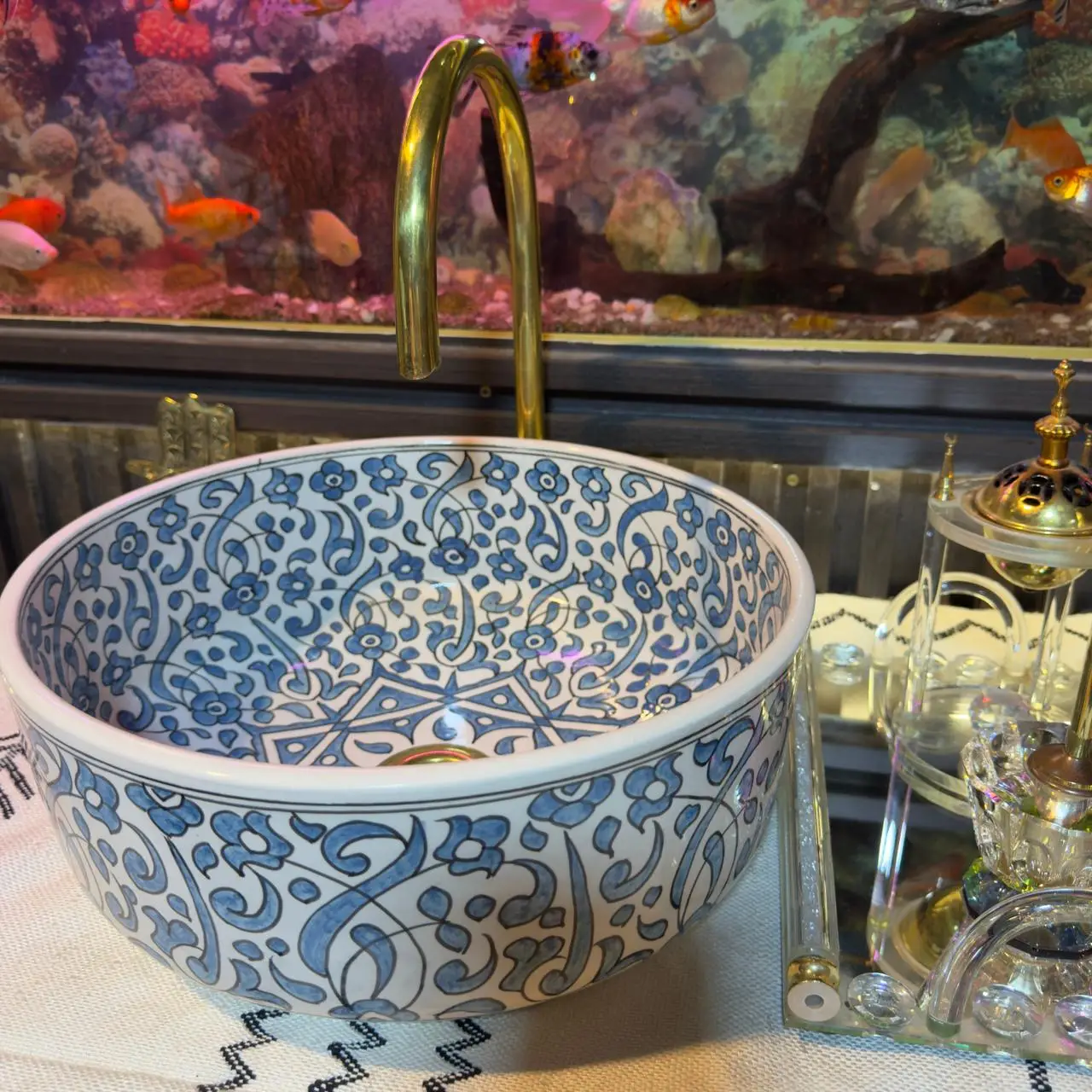 Blue Flower Ceramic Sink – Handmade Bathroom Vessel Basin - 40 CM :15.75 in