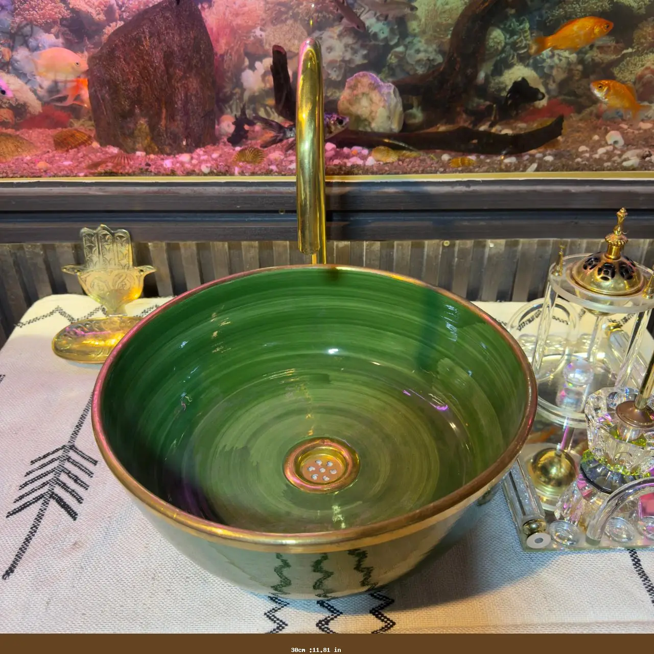 Green Emerald Ceramic Sink Bowl – Handcrafted Bohemian Bathroom Vessel Basin - 30cm :11.81 in