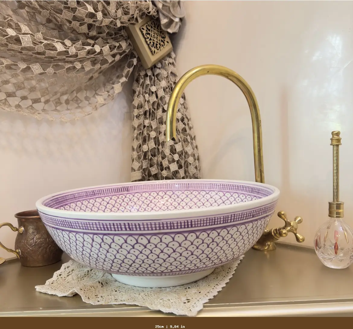 Handmade Moroccan Ceramic Sink – Pink Artisan Sink Bowl & Hand Wash Basin - 25cm : 9.84 in