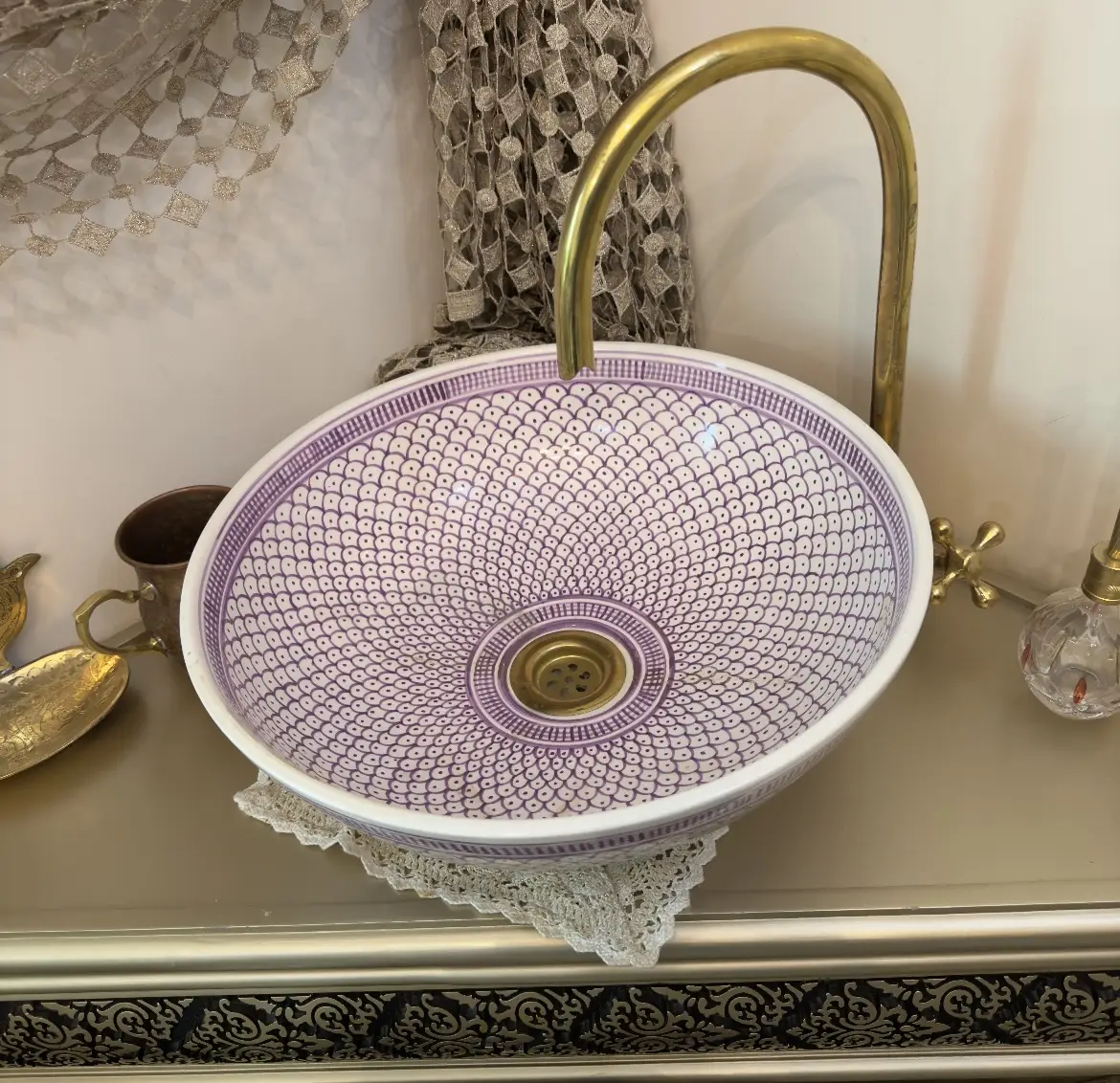 Handmade Moroccan Ceramic Sink – Pink Artisan Sink Bowl & Hand Wash Basin - 35 cm : 13.78 in