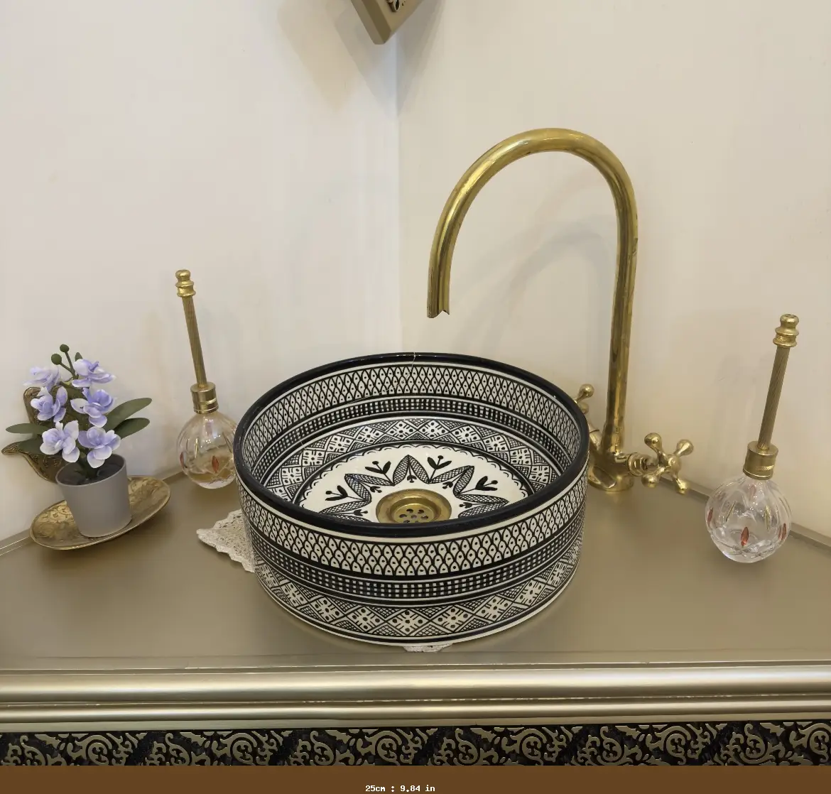 Handmade Moroccan Ceramic Vessel Sink – Antique Luxury Bathroom Bowl - 25cm : 9.84 in