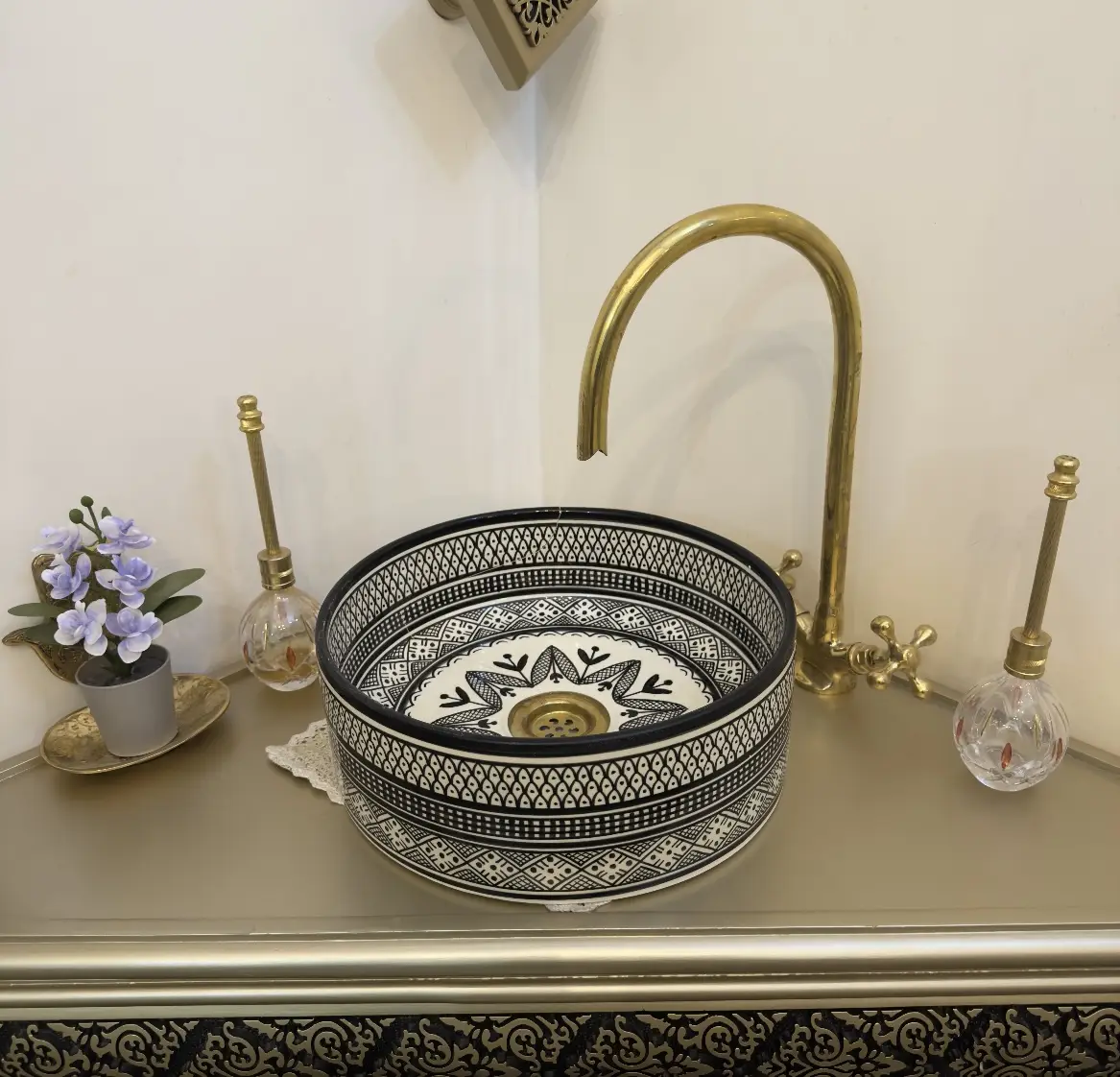 Handmade Moroccan Ceramic Vessel Sink – Antique Luxury Bathroom Bowl - 25cm : 9.84 in